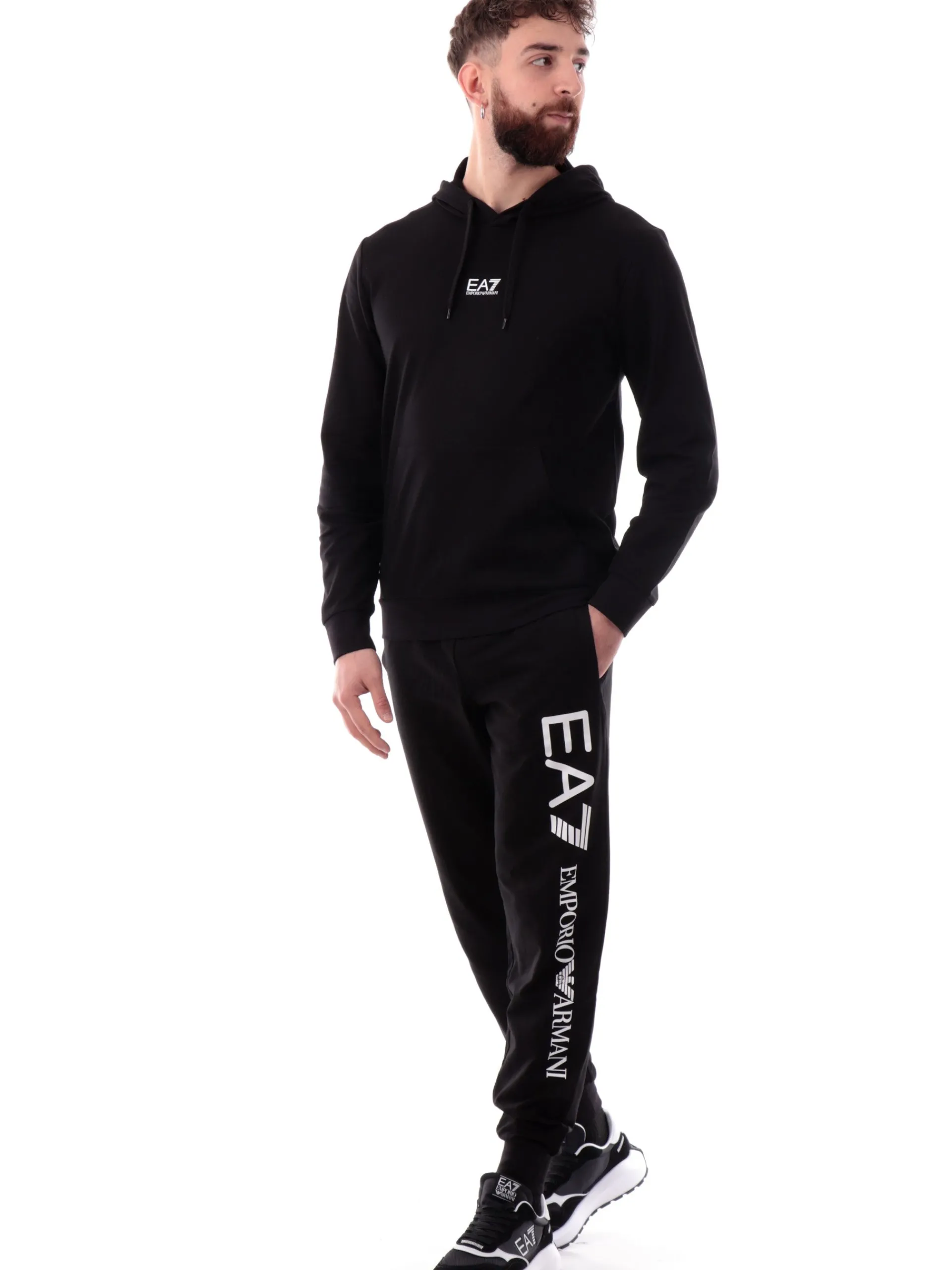 EMPORIO ARMANI 7 Felpe*Felpa EA7 nera da uomo con cappuccio e logo bianco 8NPM32PJVRZ1200