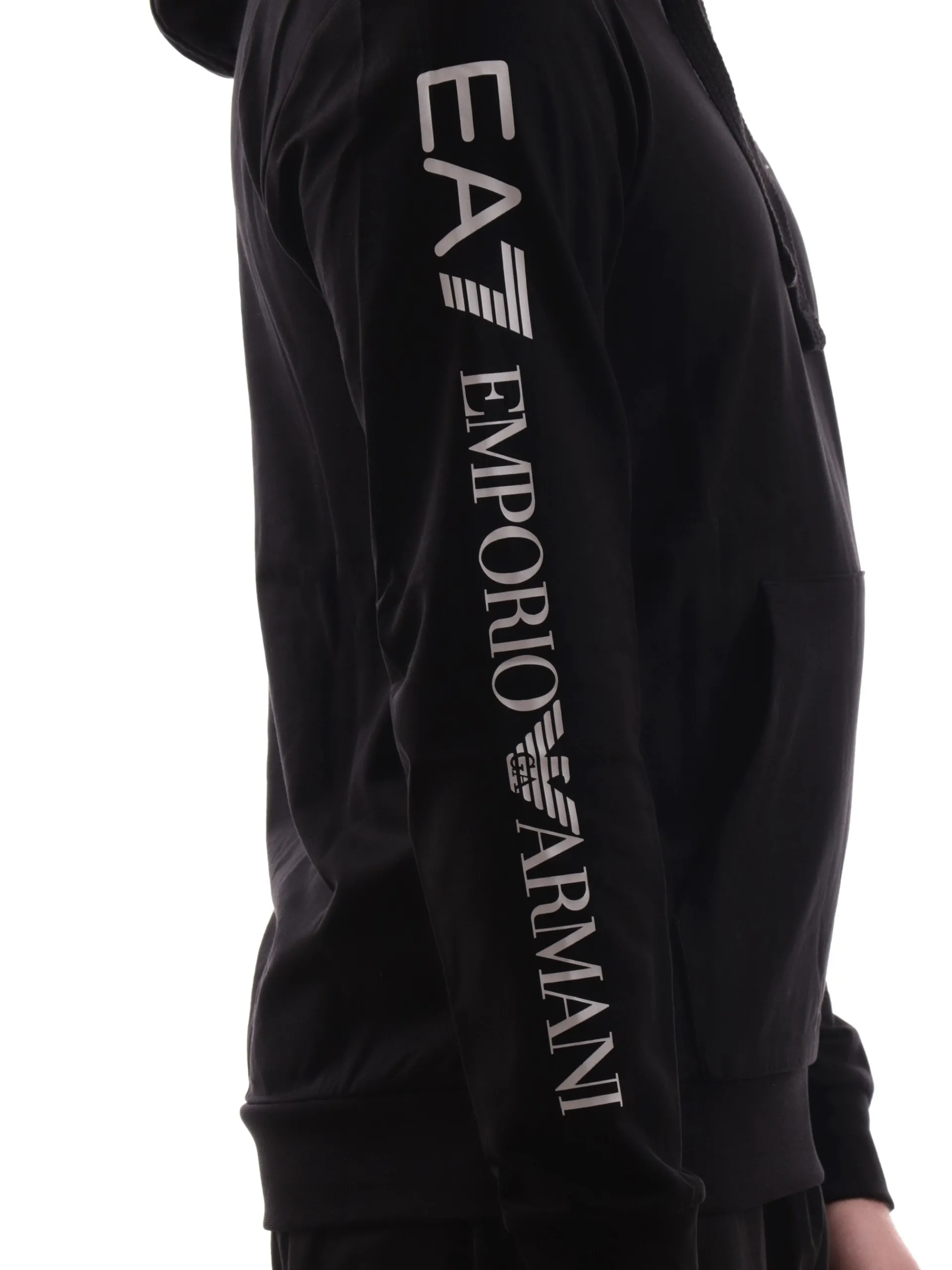 EMPORIO ARMANI 7 Felpe*Felpa EA7 nera da uomo con cappuccio e logo bianco sulla manica 7M000569AF13512