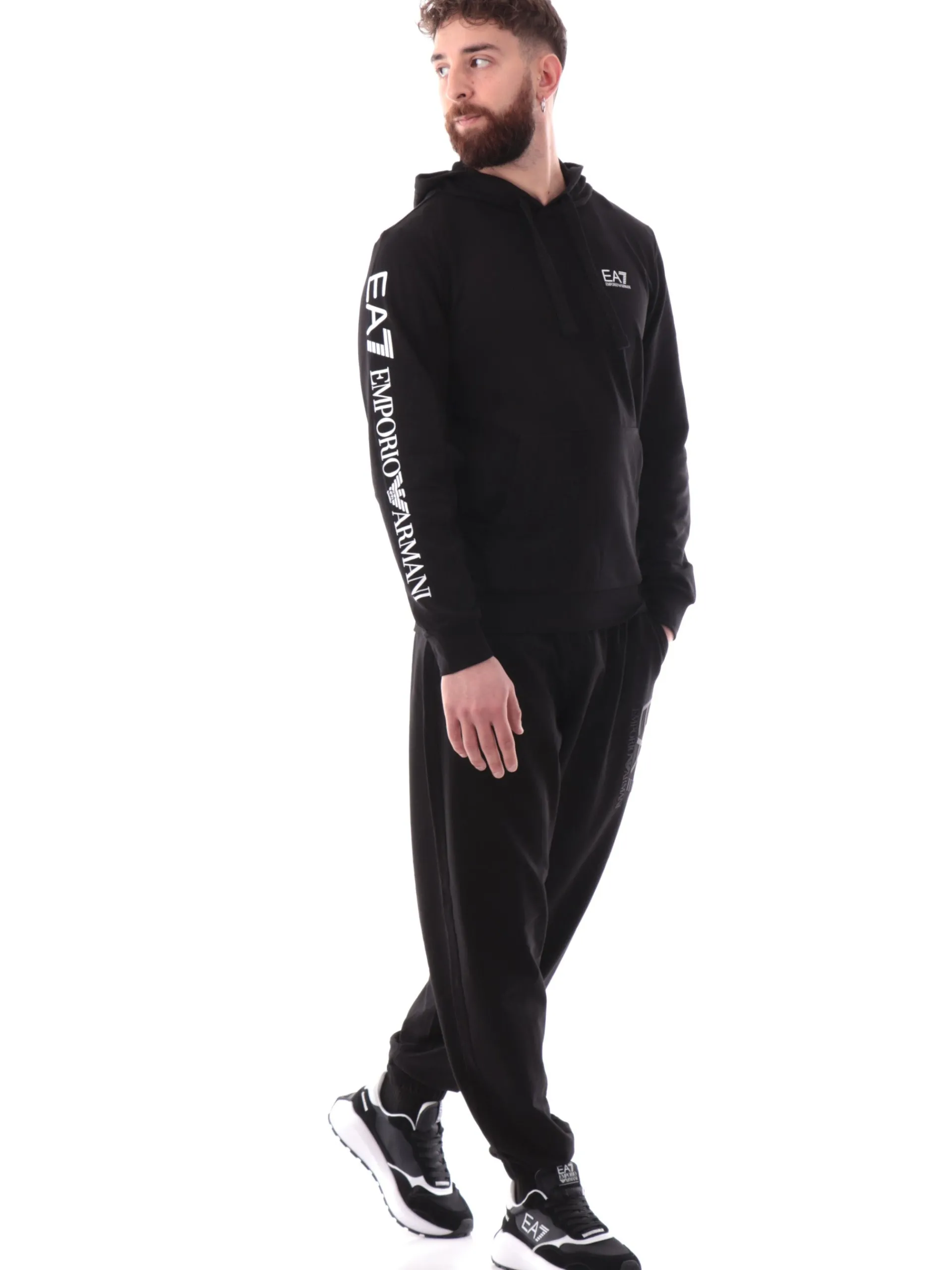 EMPORIO ARMANI 7 Felpe*Felpa EA7 nera da uomo con cappuccio e logo bianco sulla manica 7M000569AF13512