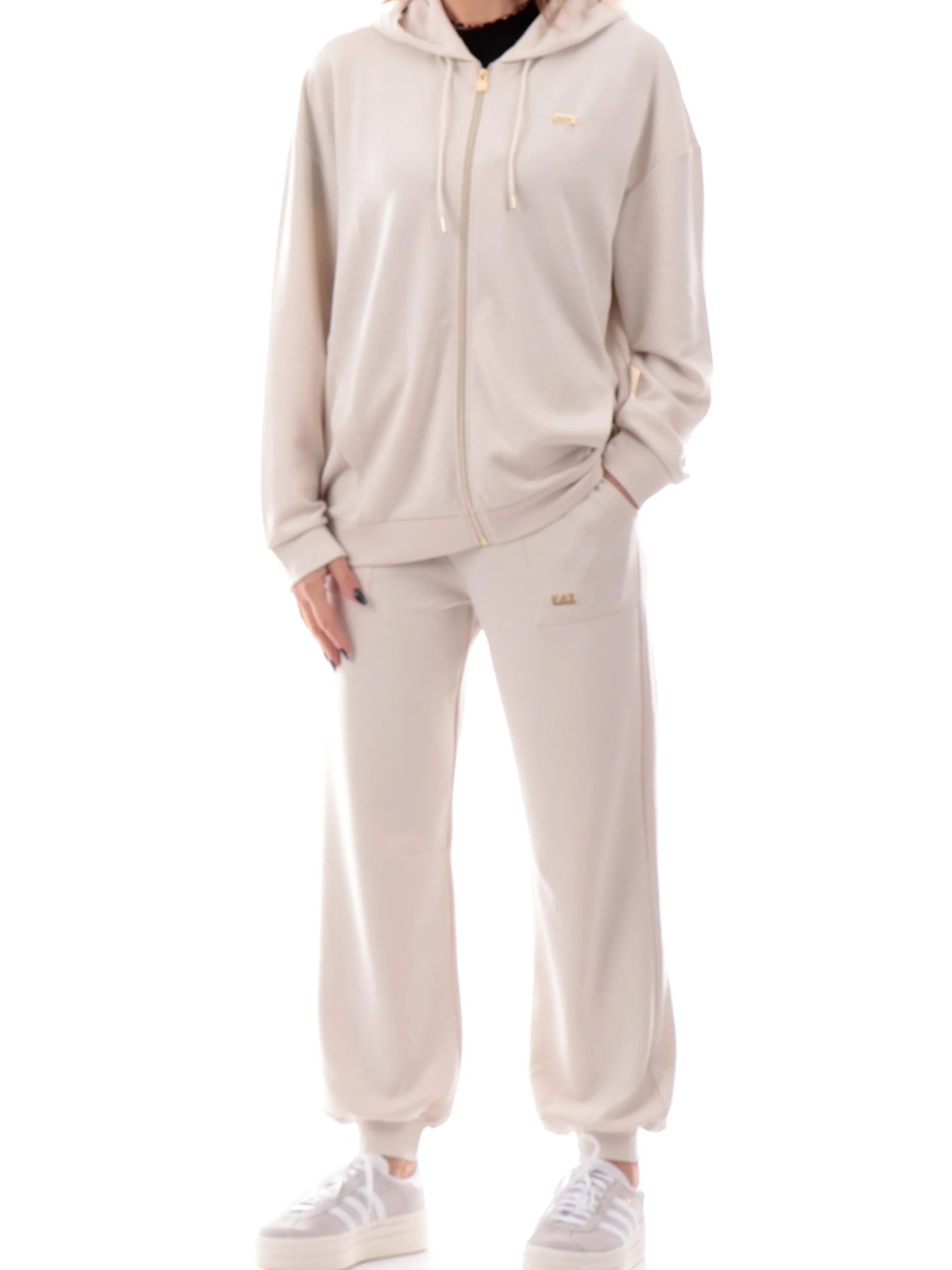 EMPORIO ARMANI 7 Felpe*Felpa Emporio Armani EA7 beige da donna full zip con cappuccio logo oro 7W000192AF12643 U1112