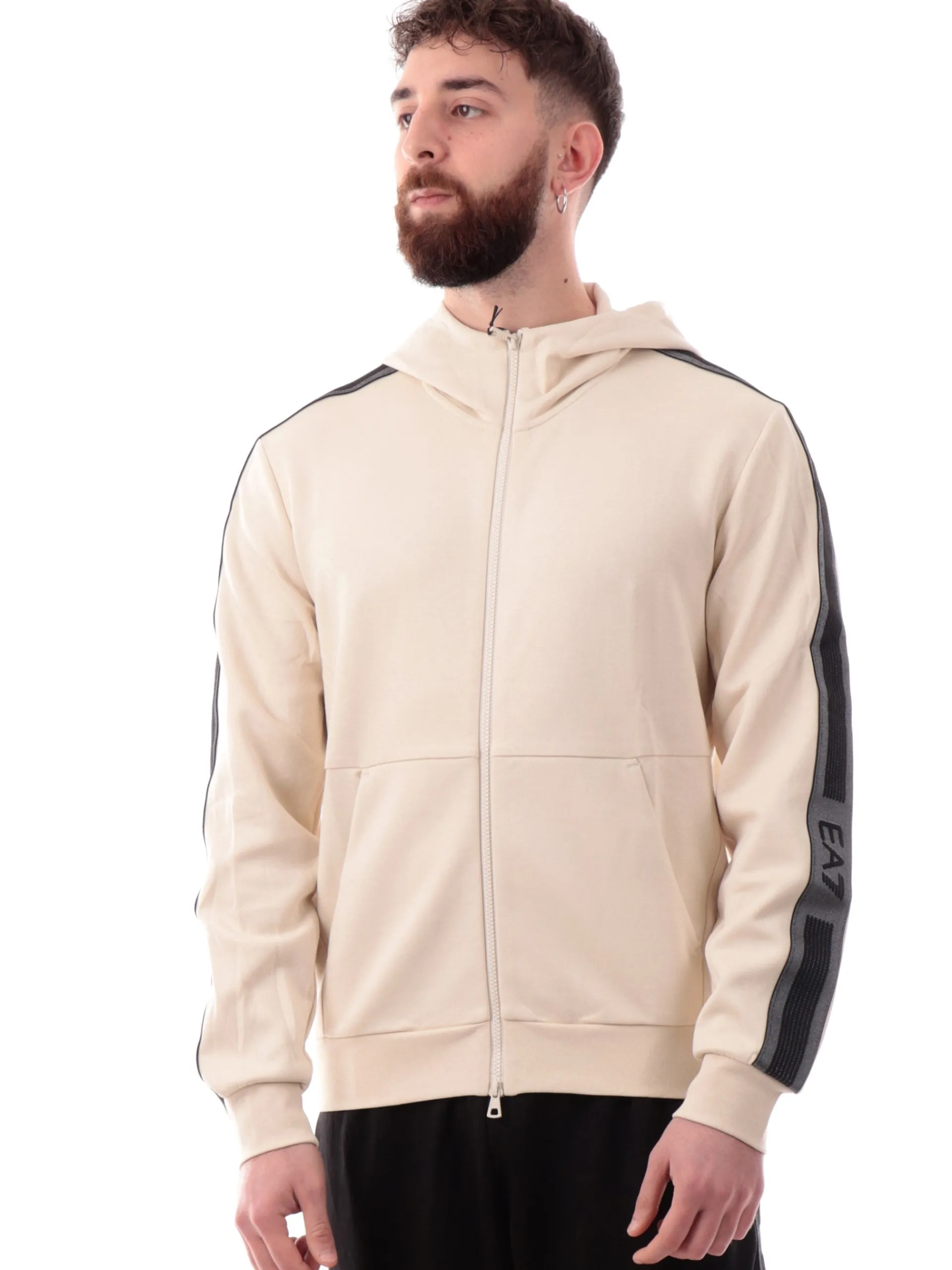 EMPORIO ARMANI 7 Felpe*Felpa Emporio Armani EA7 beige da uomo bande logate con cappuccio 7M000142AF126