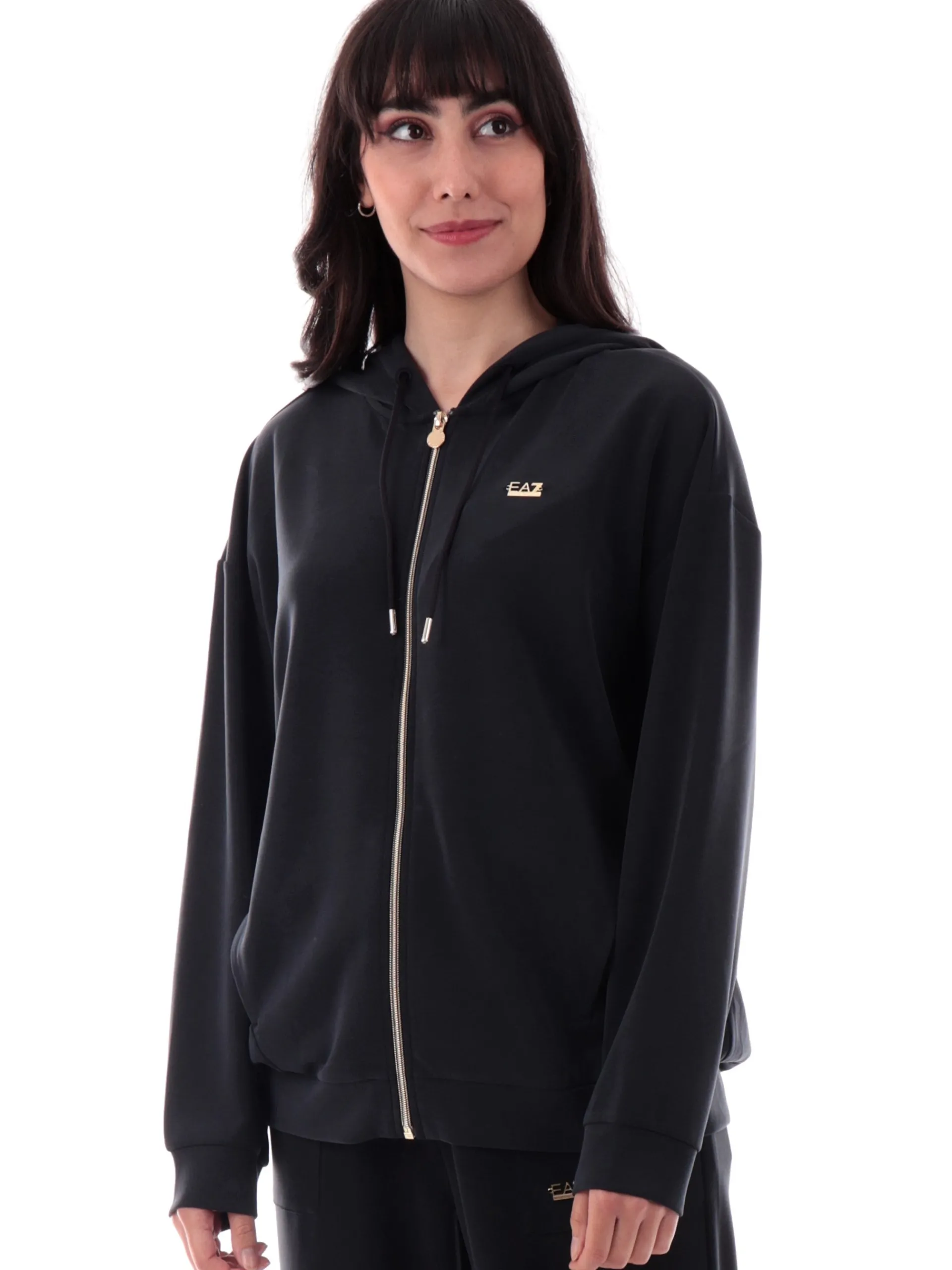 EMPORIO ARMANI 7 Felpe*Felpa Emporio Armani EA7 nera da donna full zip con cappuccio logo oro 7W000192AF12643 UC001