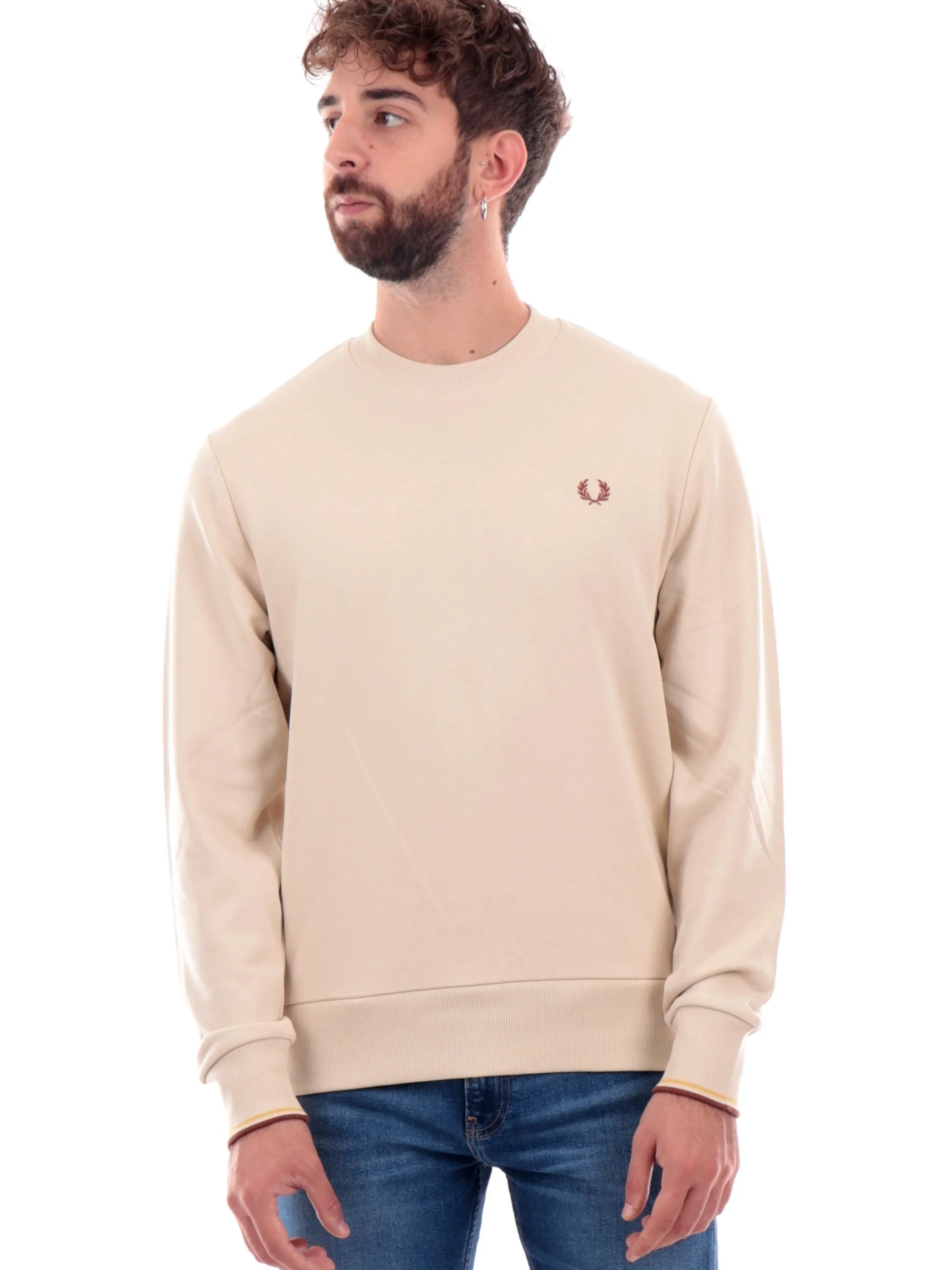 FRED PERRY Felpe*Felpa bianco crema da uomo girocollo M7535