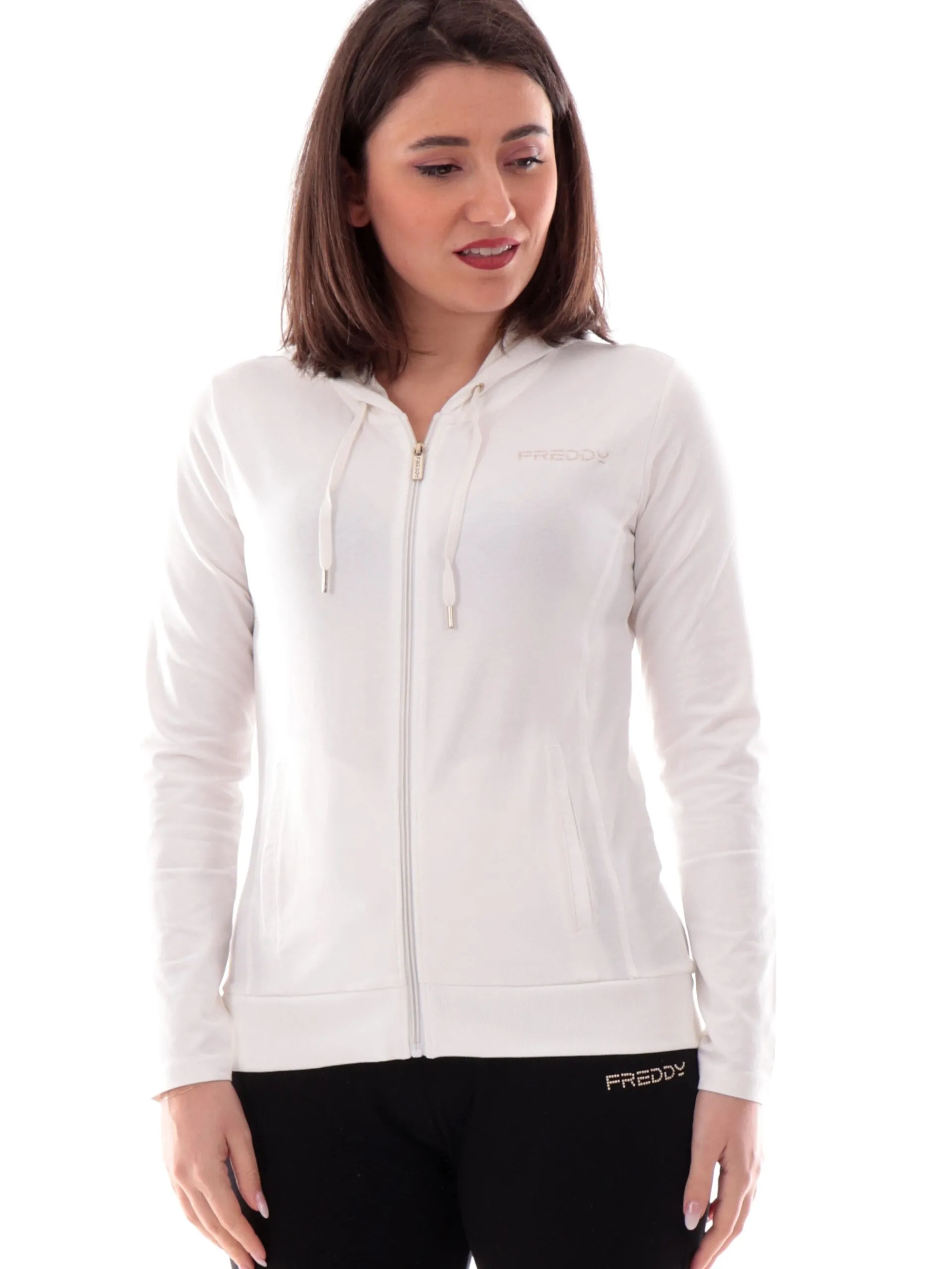 FREDDY Felpe*Felpa bianca full zip con cappuccio da donna logo strass S25WCRS3