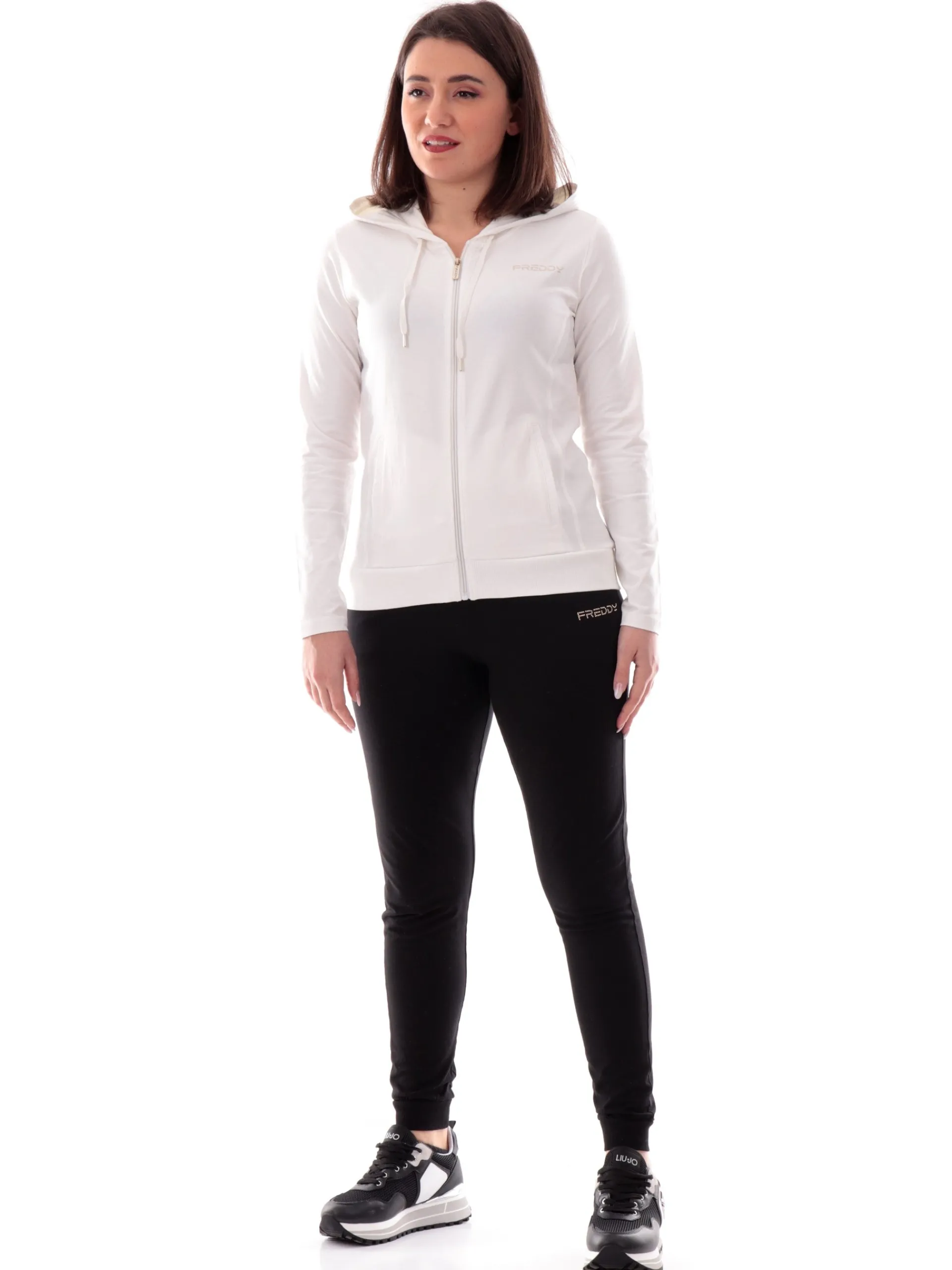 FREDDY Felpe*Felpa bianca full zip con cappuccio da donna logo strass S25WCRS3