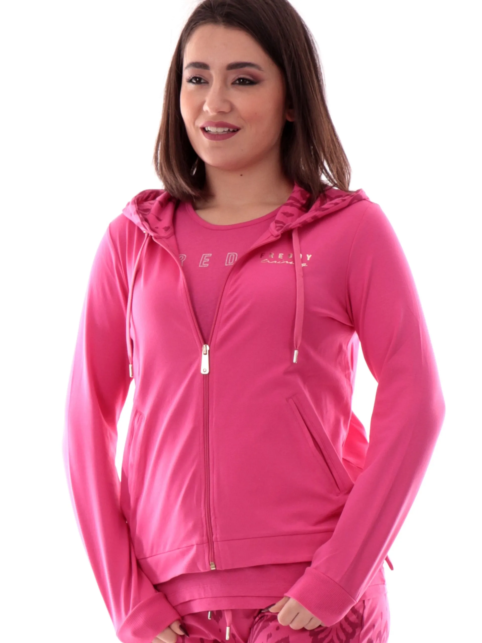 FREDDY Felpe*Felpa cappuccio animalier fucsia da donna logo oro S25WTRS2