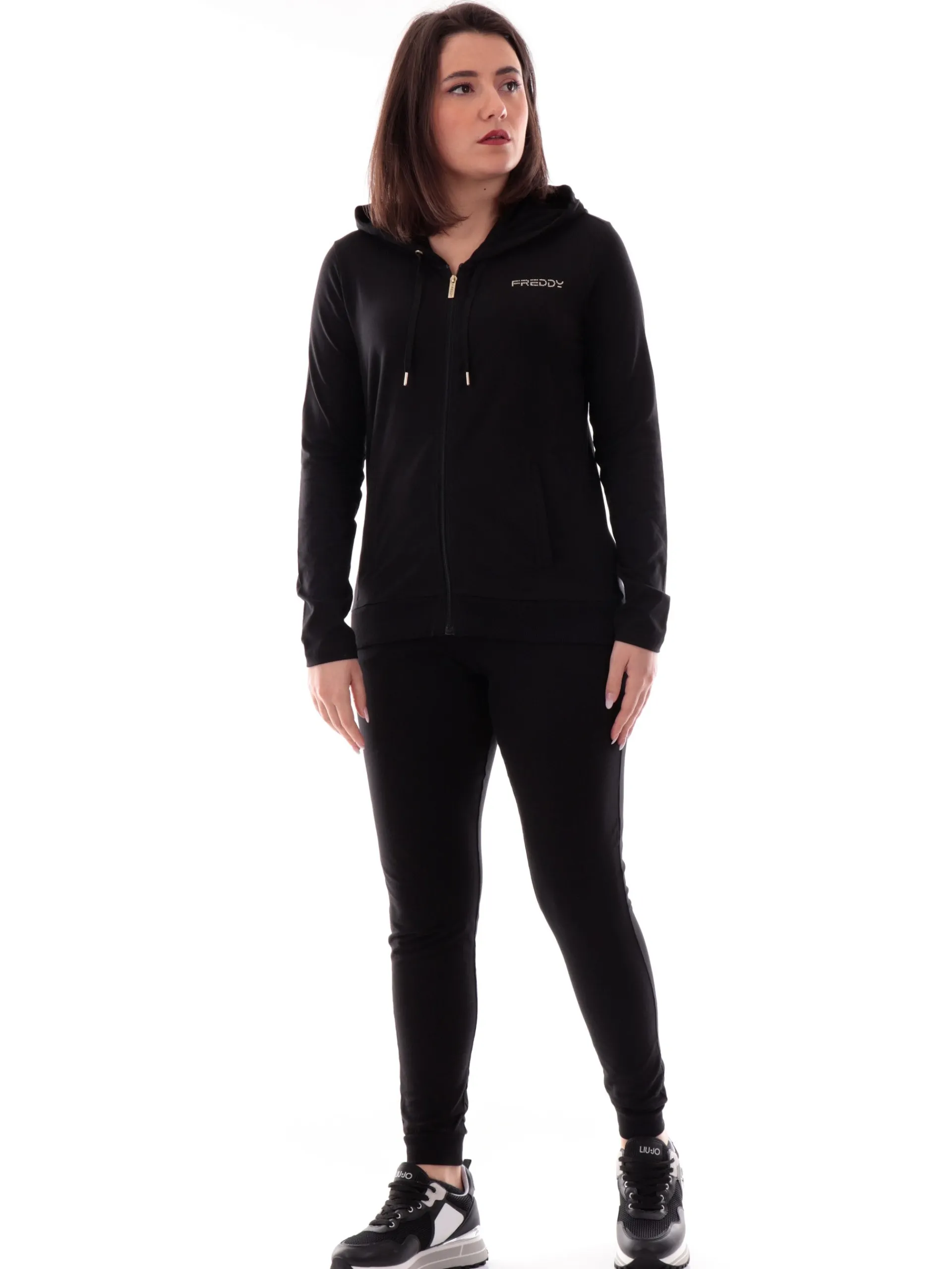 FREDDY Felpe*Felpa nera full zip con cappuccio da donna logo strass S25WCRS3