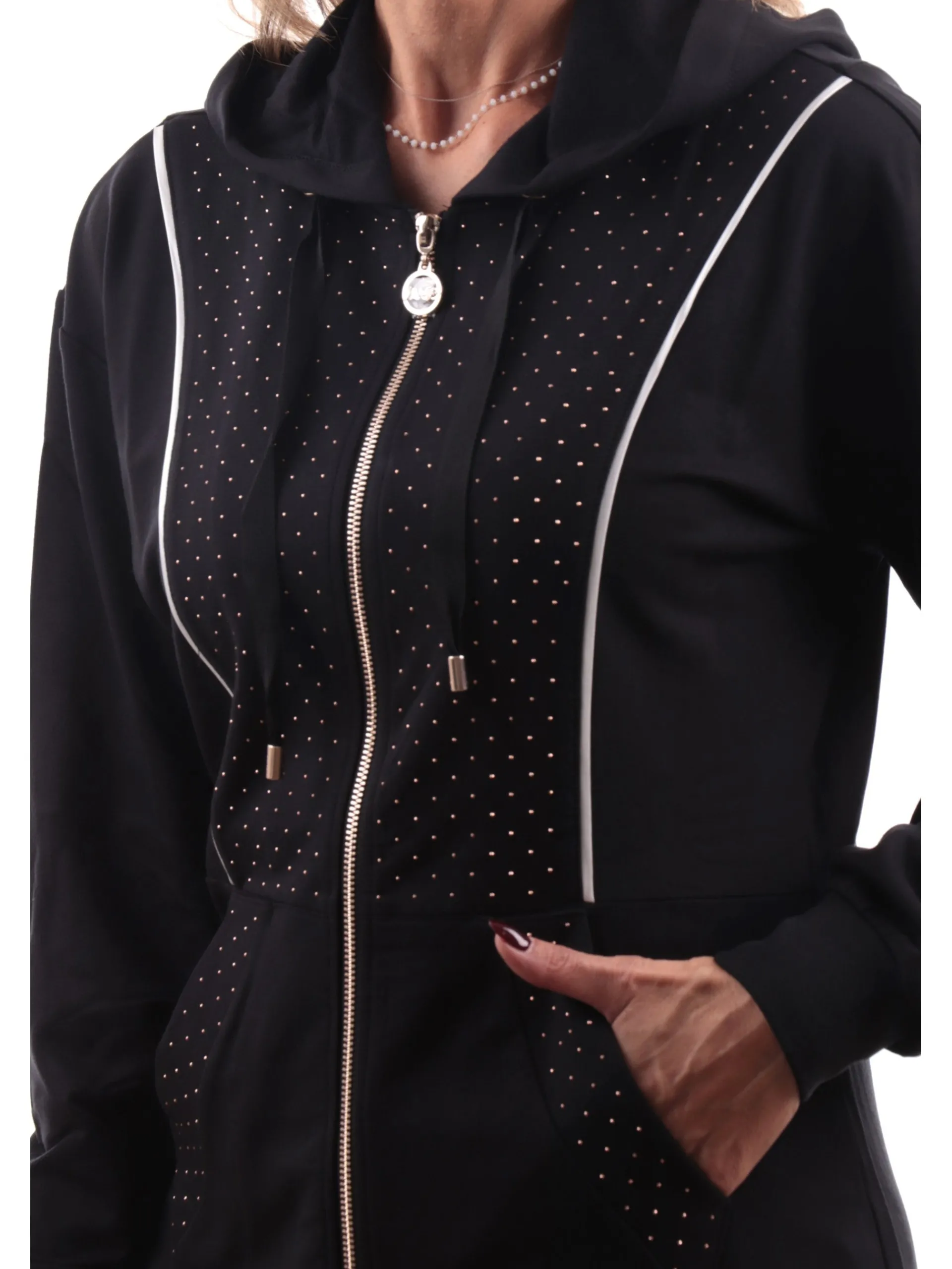 LIU JO SPORT Felpe*Felpa Liu Jo nera da donna full zip con cappuccio e strass TF4188FS576