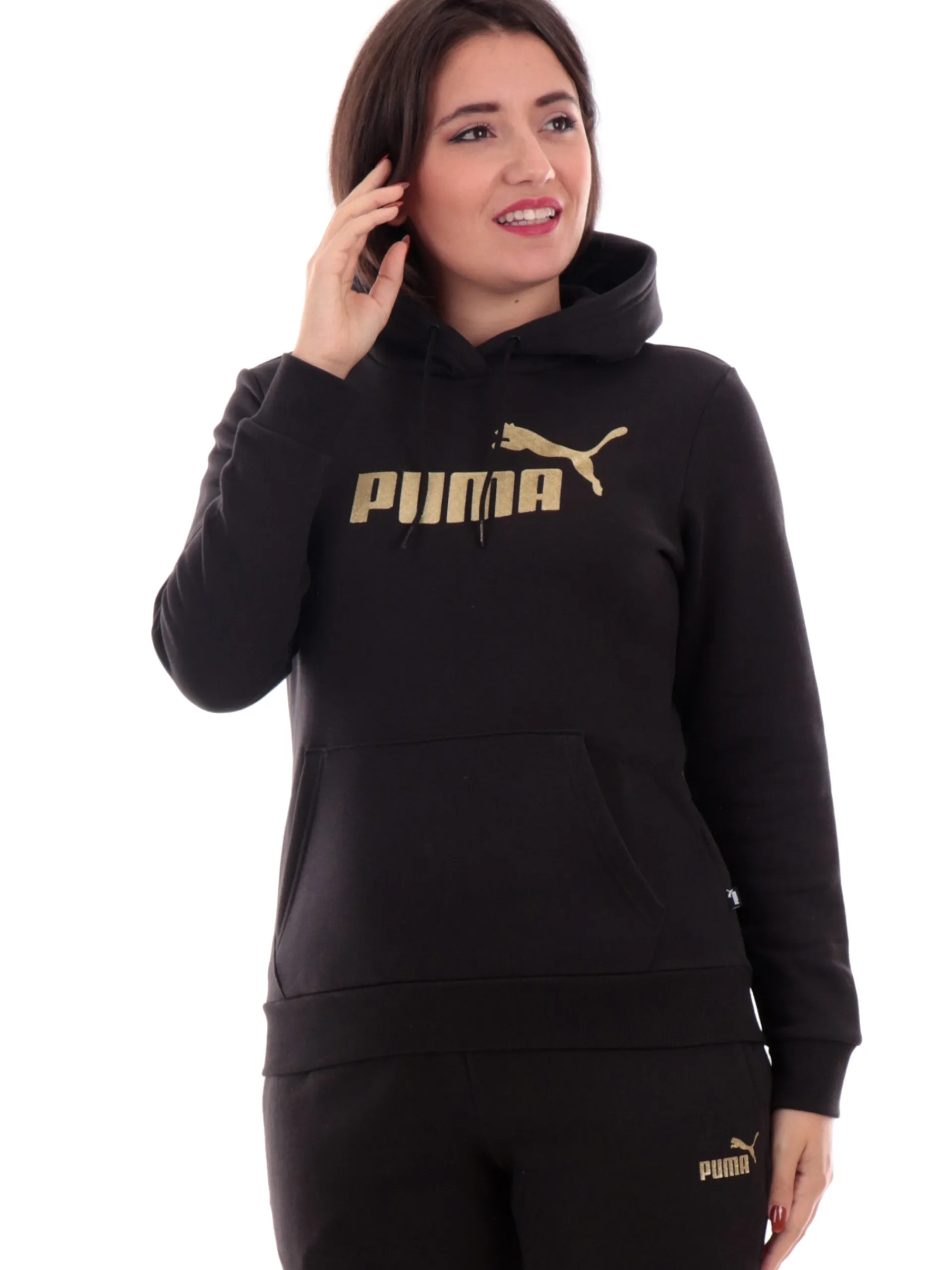 PUMA Felpe*Felpa nera da donna logo glitter con cappuccio 684767