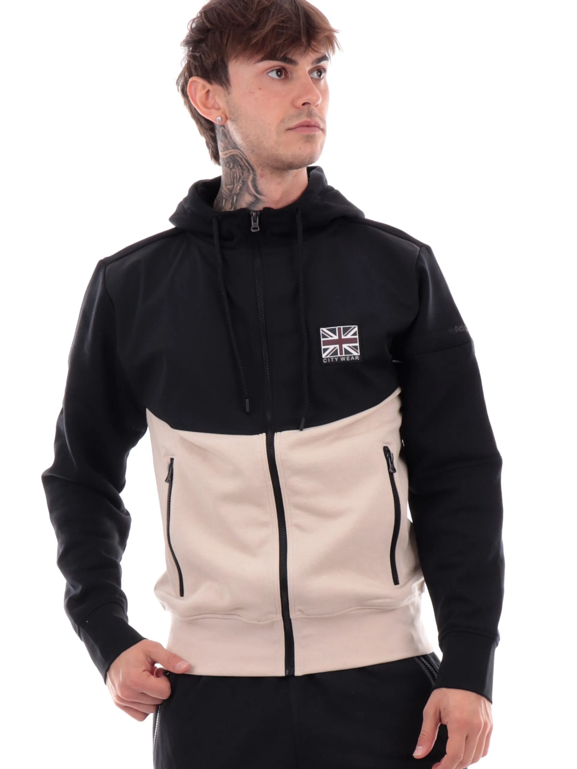 ADMIRAL Felpe*Felpa tecnica nera e beige da uomo full zip con cappuccio AD3091