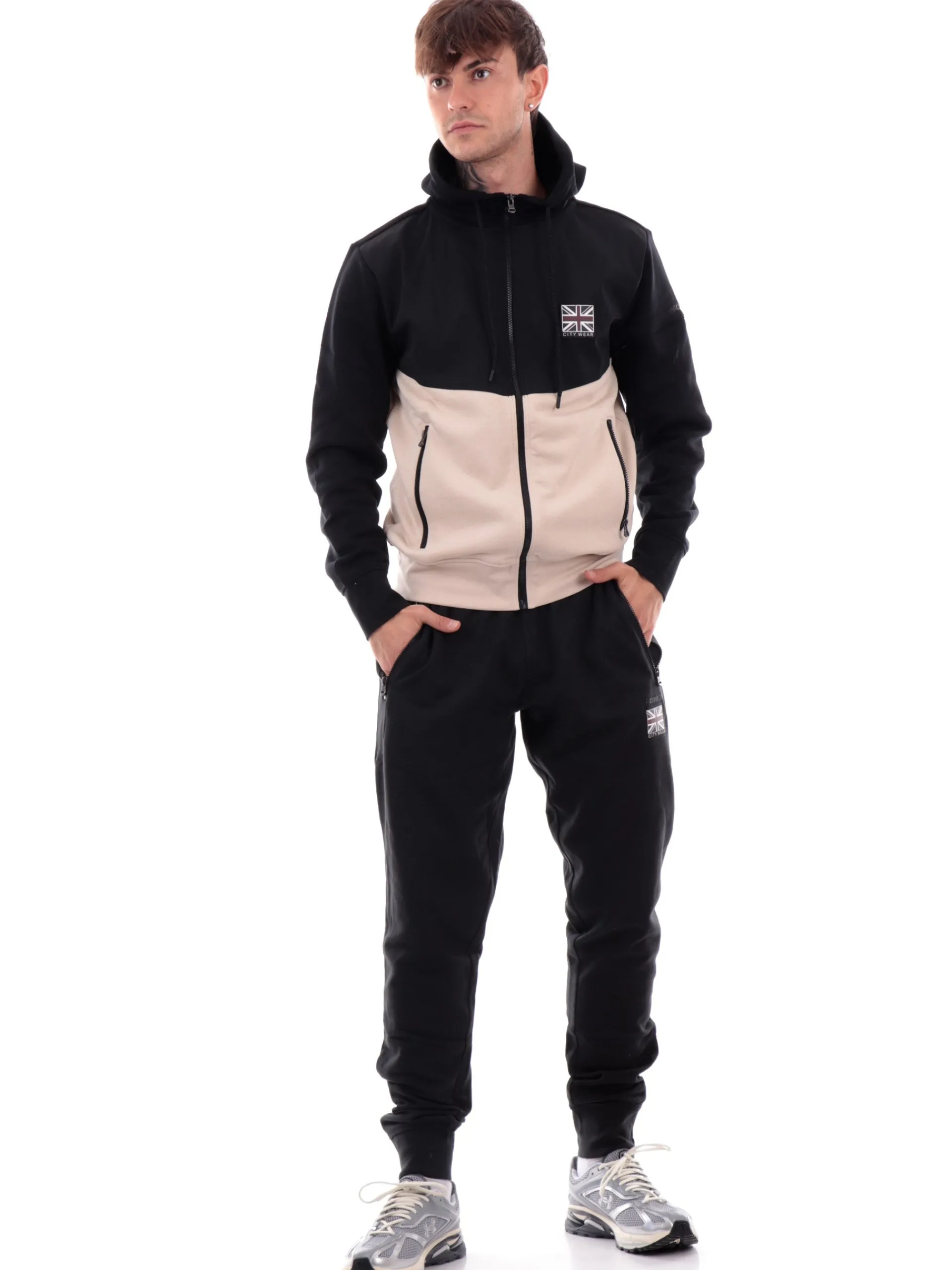 ADMIRAL Felpe*Felpa tecnica nera e beige da uomo full zip con cappuccio AD3091