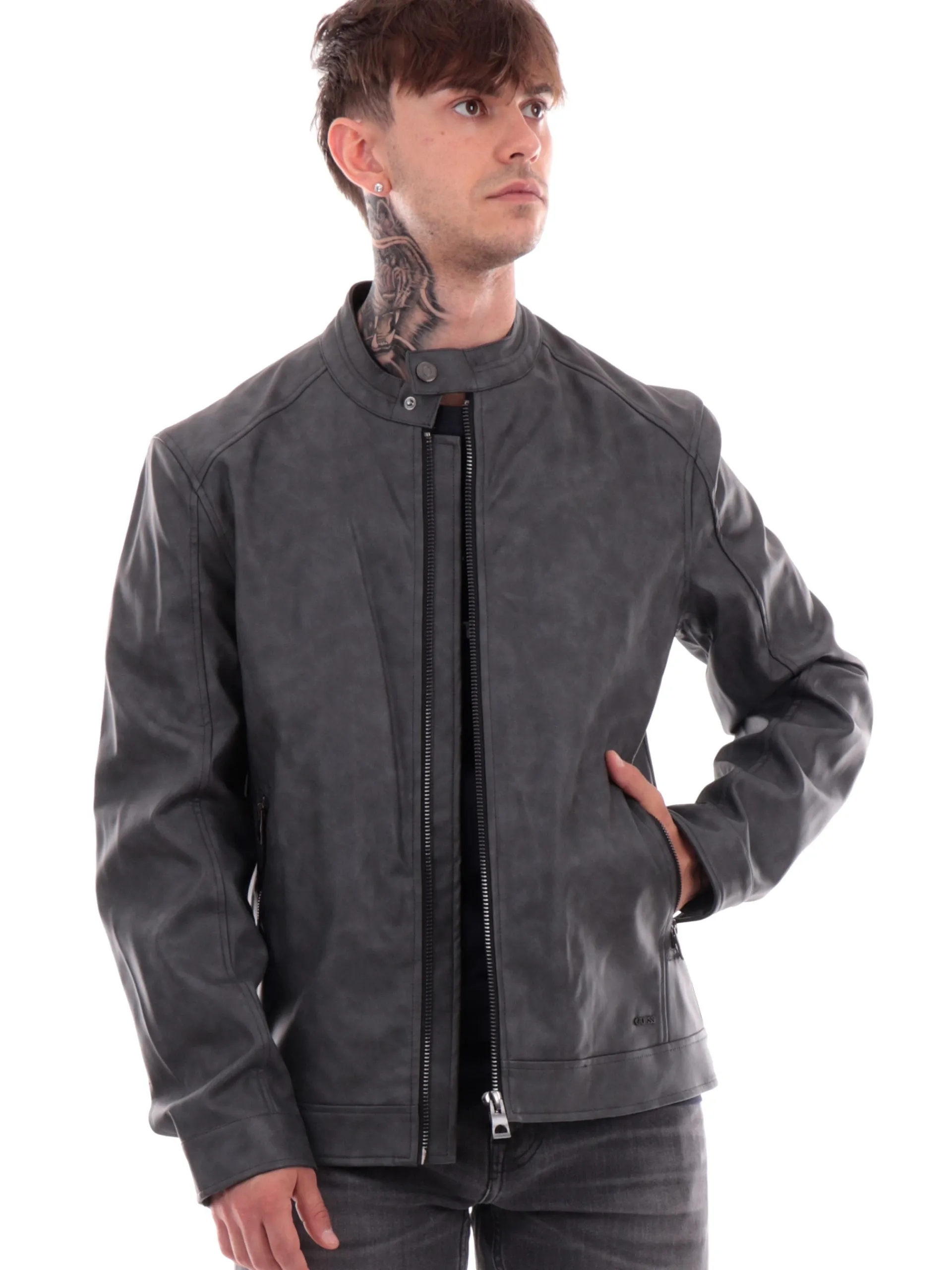 GUESS Giubbini*Giacca biker nera da uomo washed M4YL17WG9V0