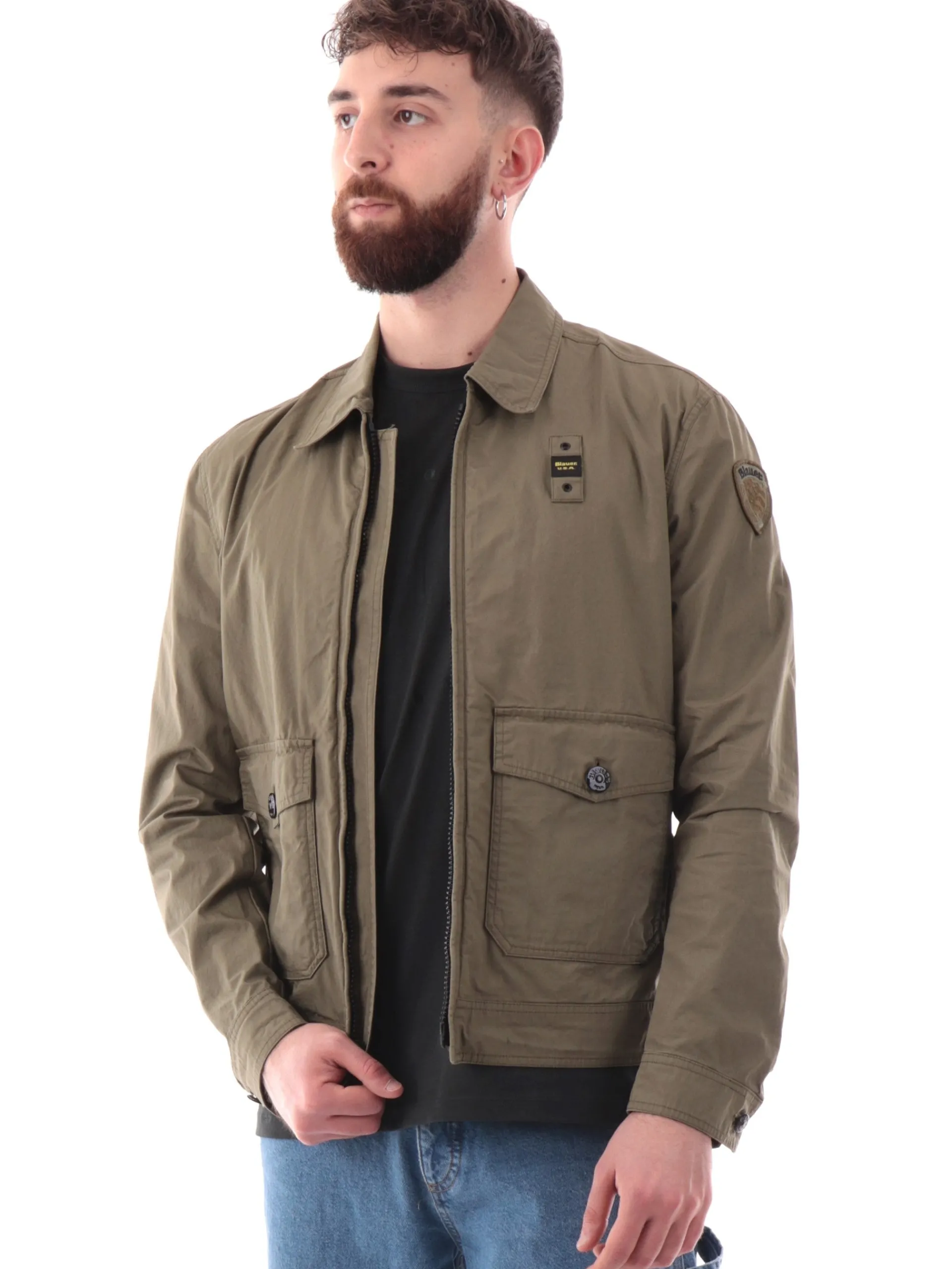BLAUER Giubbini*Giacca verde militare da uomo con tasconi e colletto alla francese C04176006854