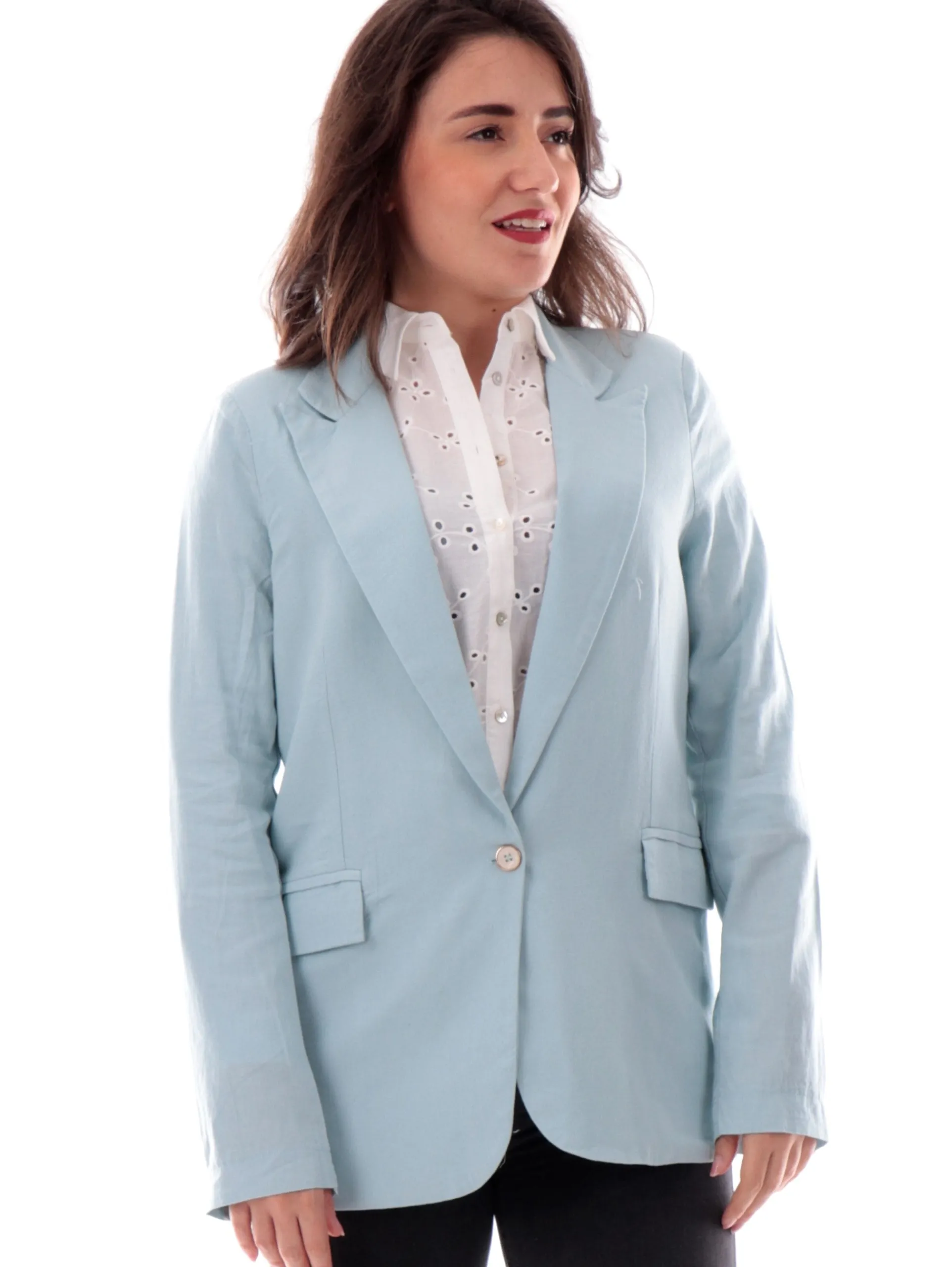 YES ZEE Giacche*Giacca cerimonia lino celeste da donna con rever G436V600