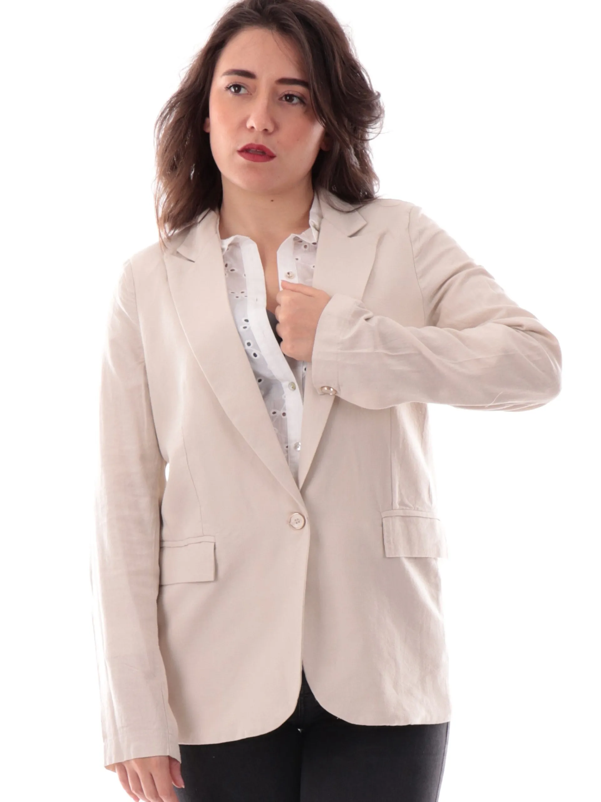 YES ZEE Giacche*Giacca cerimonia lino beige da donna con rever G436V600