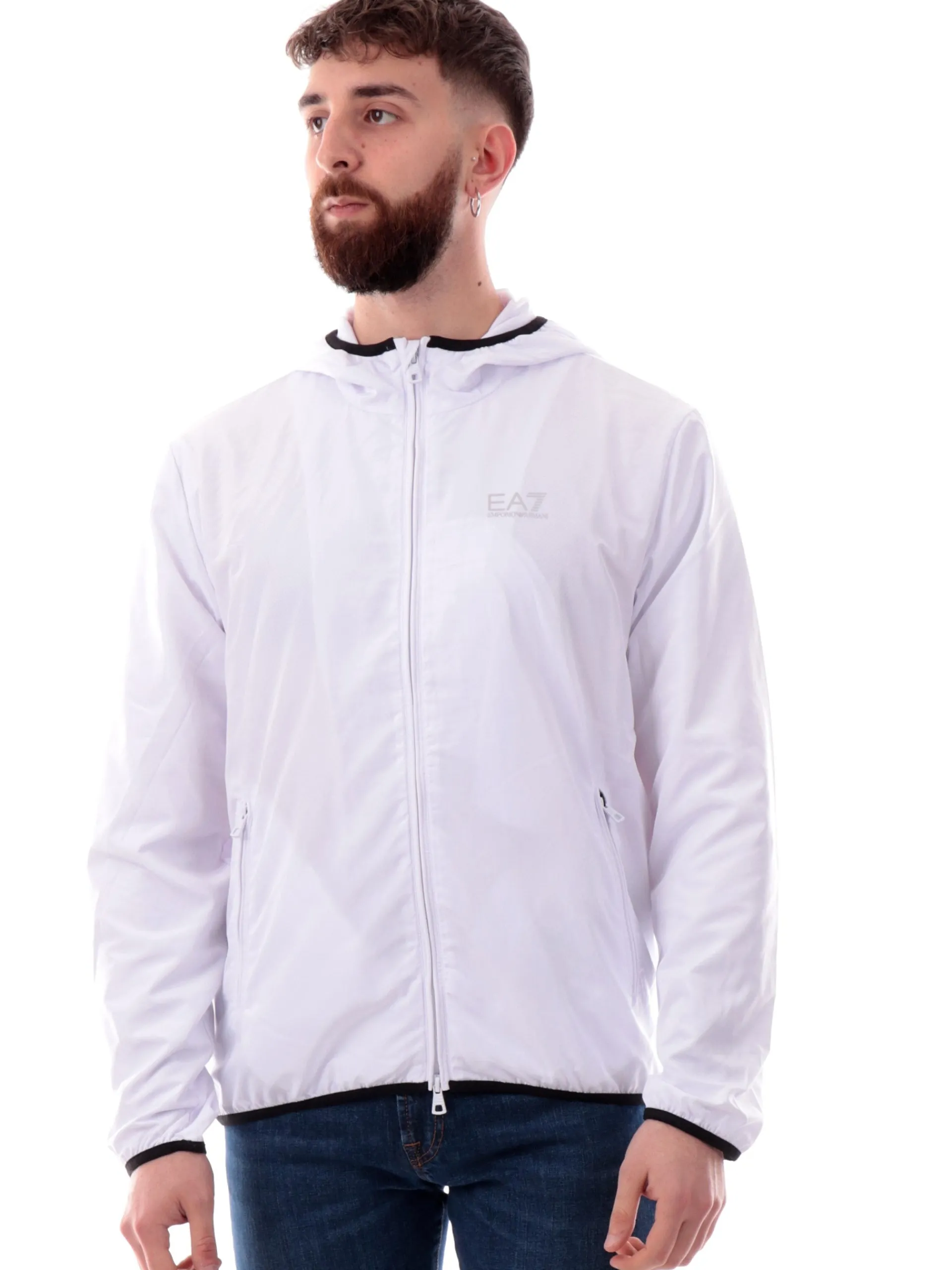 EMPORIO ARMANI 7 Giubbini*Giacca Emporio Armani EA7 bianca da uomo con cappuccio tessuto tecnico 8NPB22PNGRZ