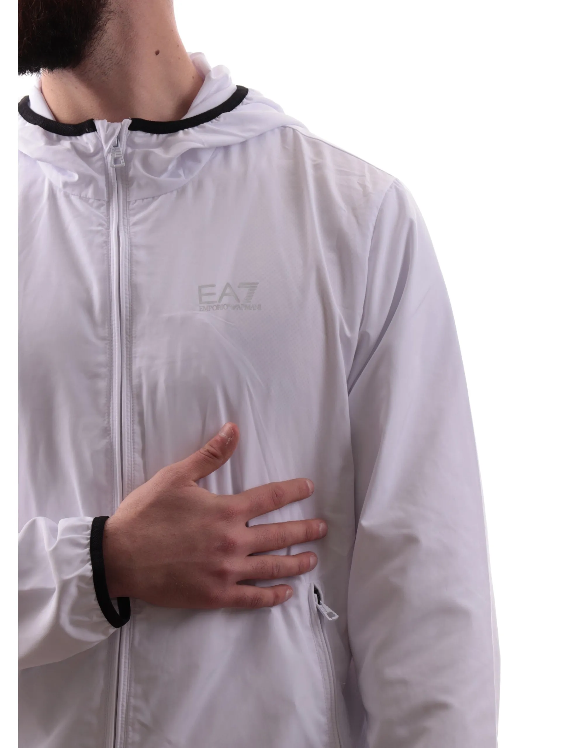 EMPORIO ARMANI 7 Giubbini*Giacca Emporio Armani EA7 bianca da uomo con cappuccio tessuto tecnico 8NPB22PNGRZ