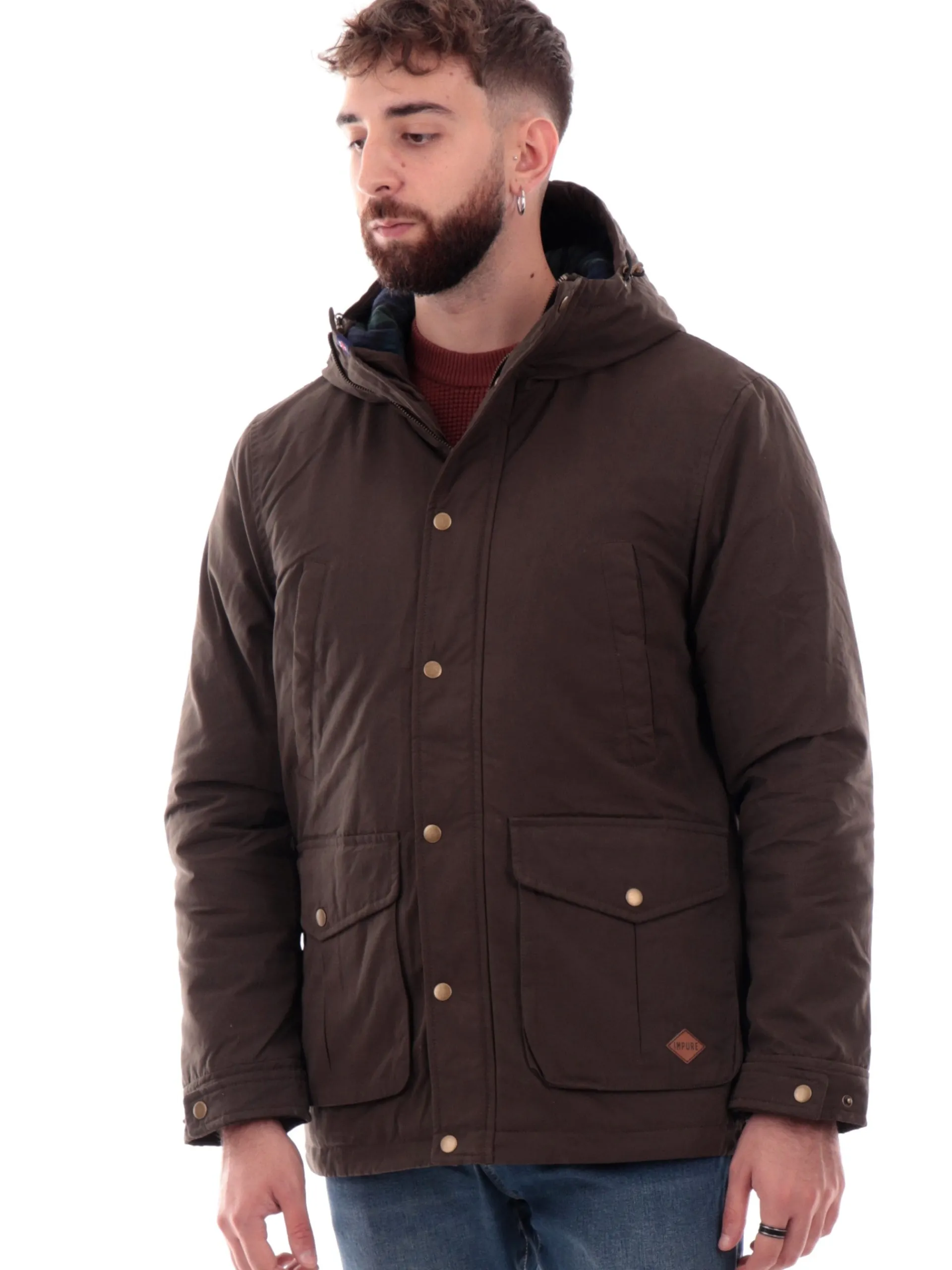 IMPURE Giubbini*Giacca Eskimo verde militare da uomo con cappuccio TYLERWAXC07
