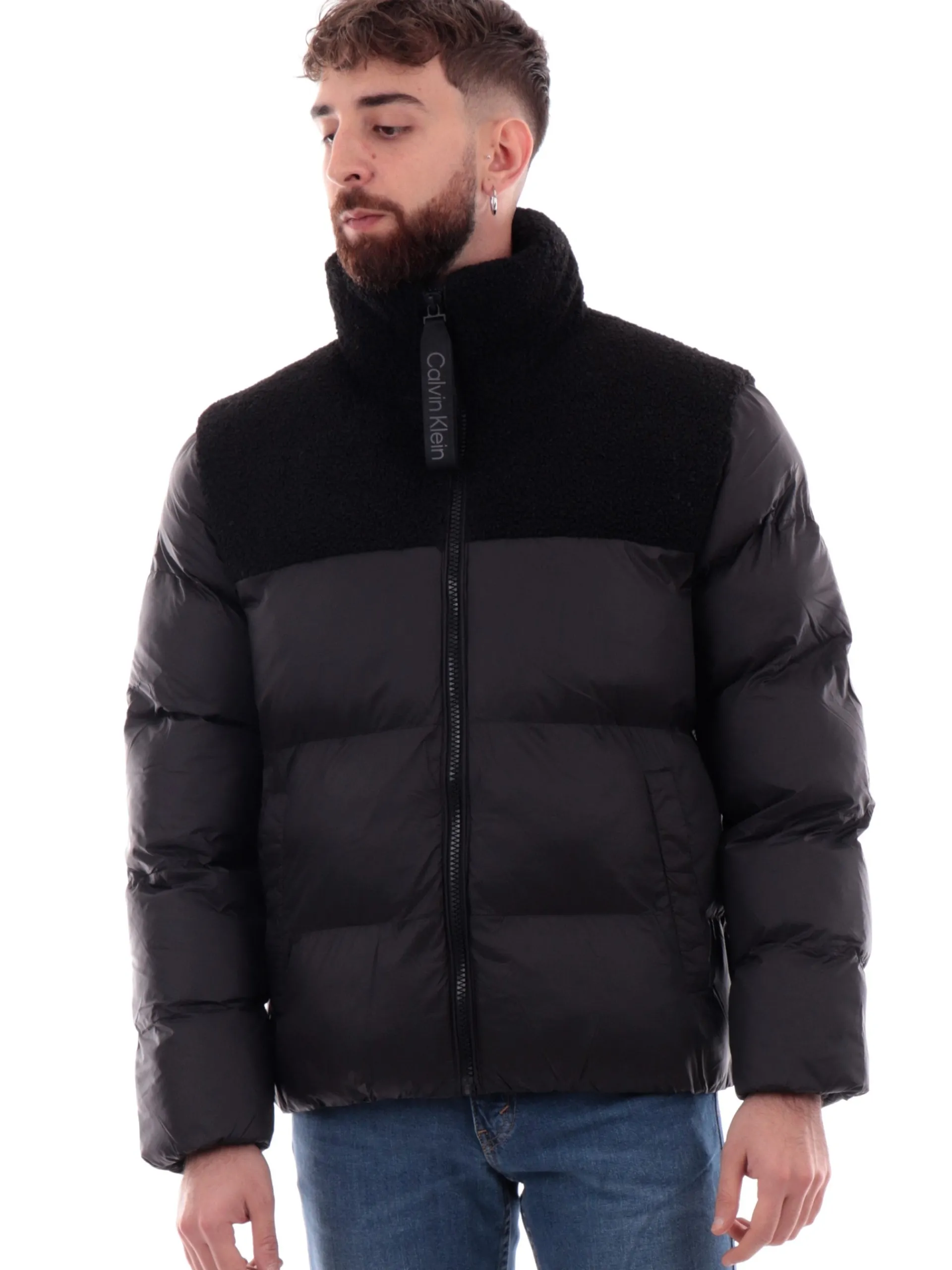 CALVIN KLEIN Giubbini*Giacca montone nera da uomo Sherpa Puffer J30J326091
