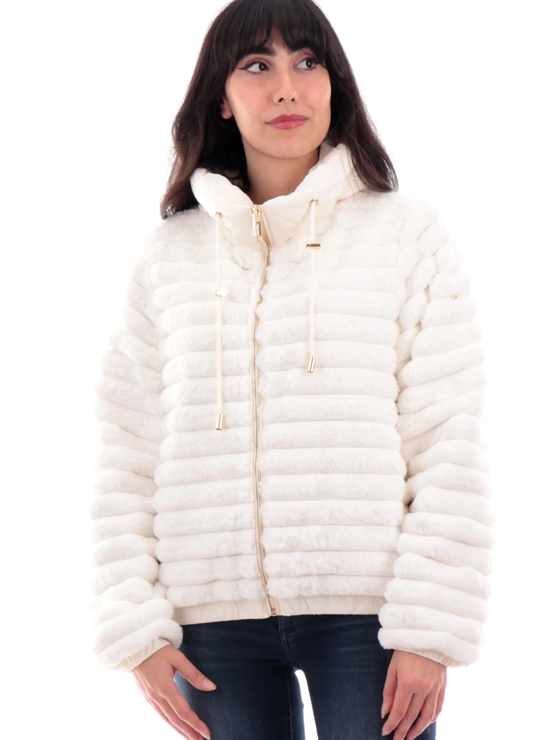 YES ZEE Giubbini*Giacca pelliccia eco bianca da donna full zip con cappuccio J012K2000