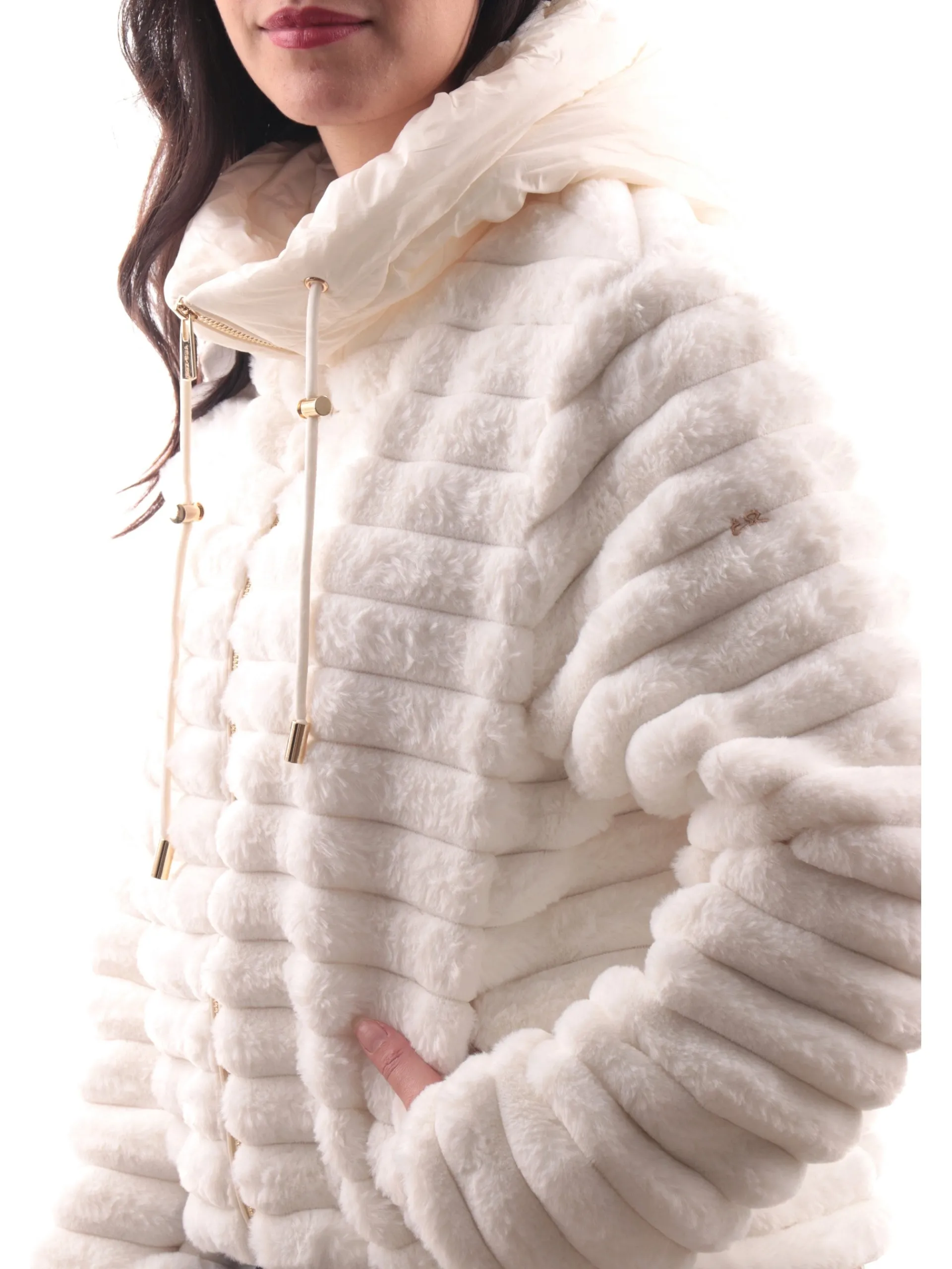 YES ZEE Giubbini*Giacca pelliccia eco bianca da donna full zip con cappuccio J012K2000