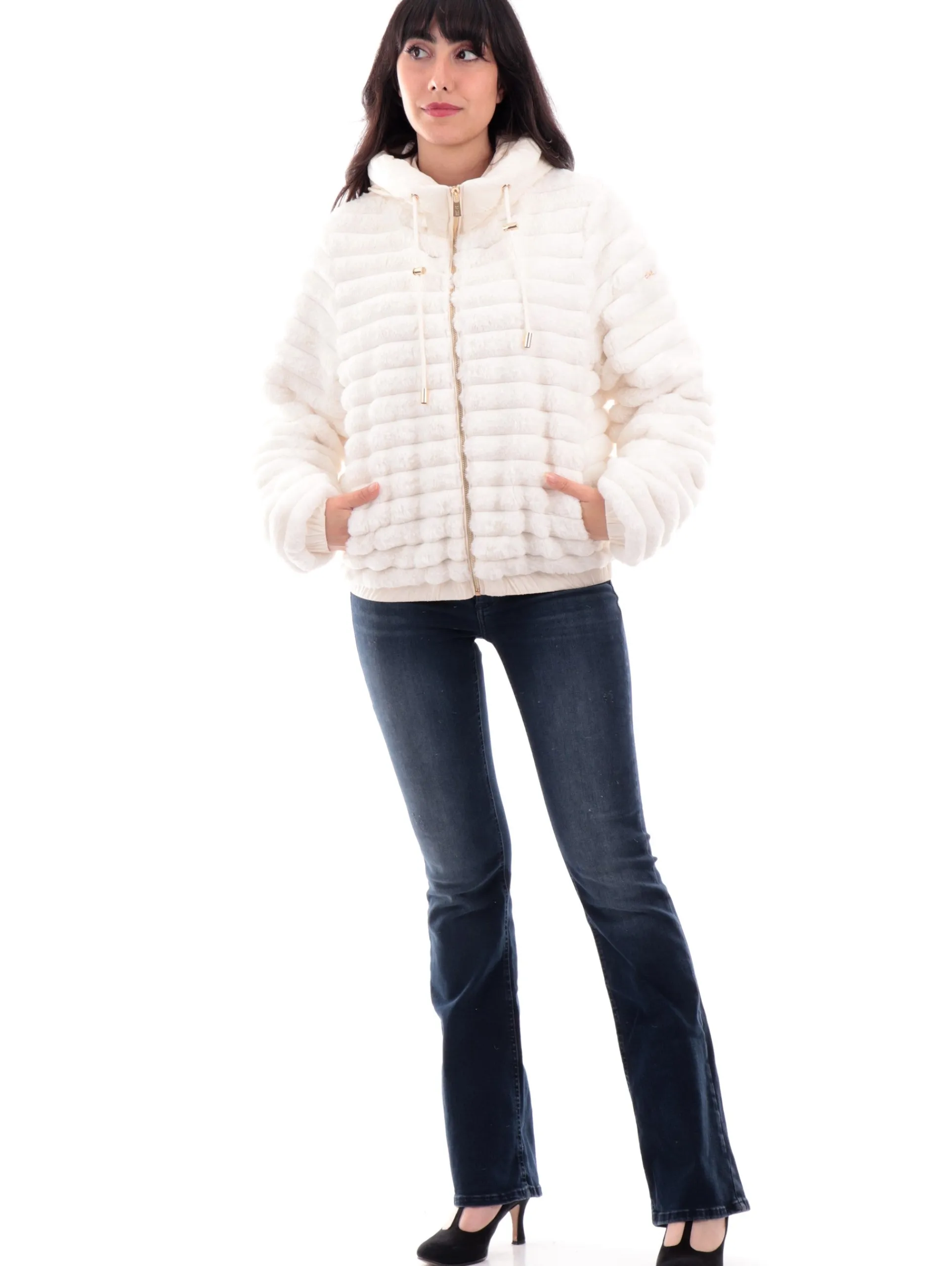 YES ZEE Giubbini*Giacca pelliccia eco bianca da donna full zip con cappuccio J012K2000