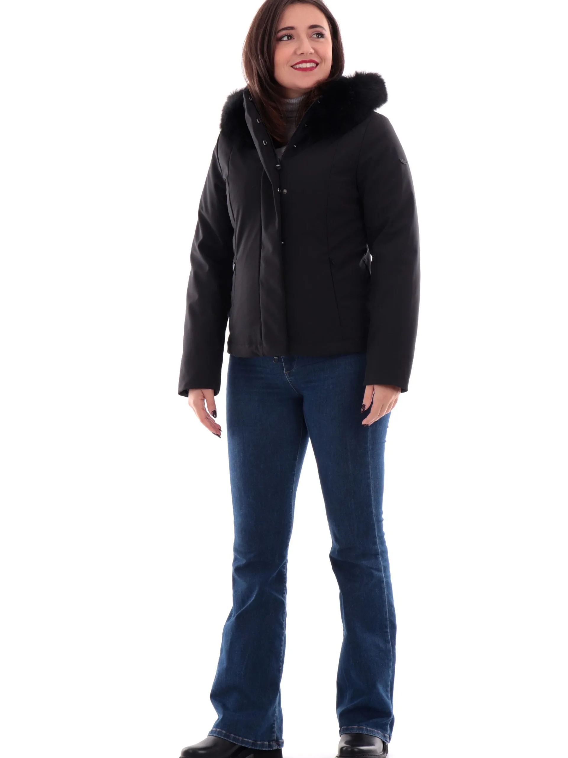 REFRIGIWEAR Giubbini*Giacca Short Tech nera da donna con pelliccia eco W99208