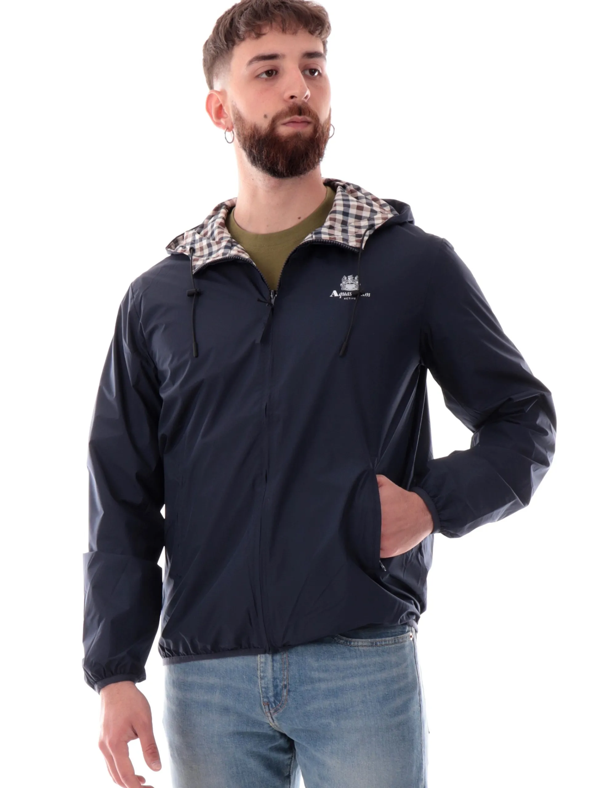 AQUASCUTUM Giubbini*Giacca reversibile blu a quadri da uomo Hooded Sailor AAICONJK001