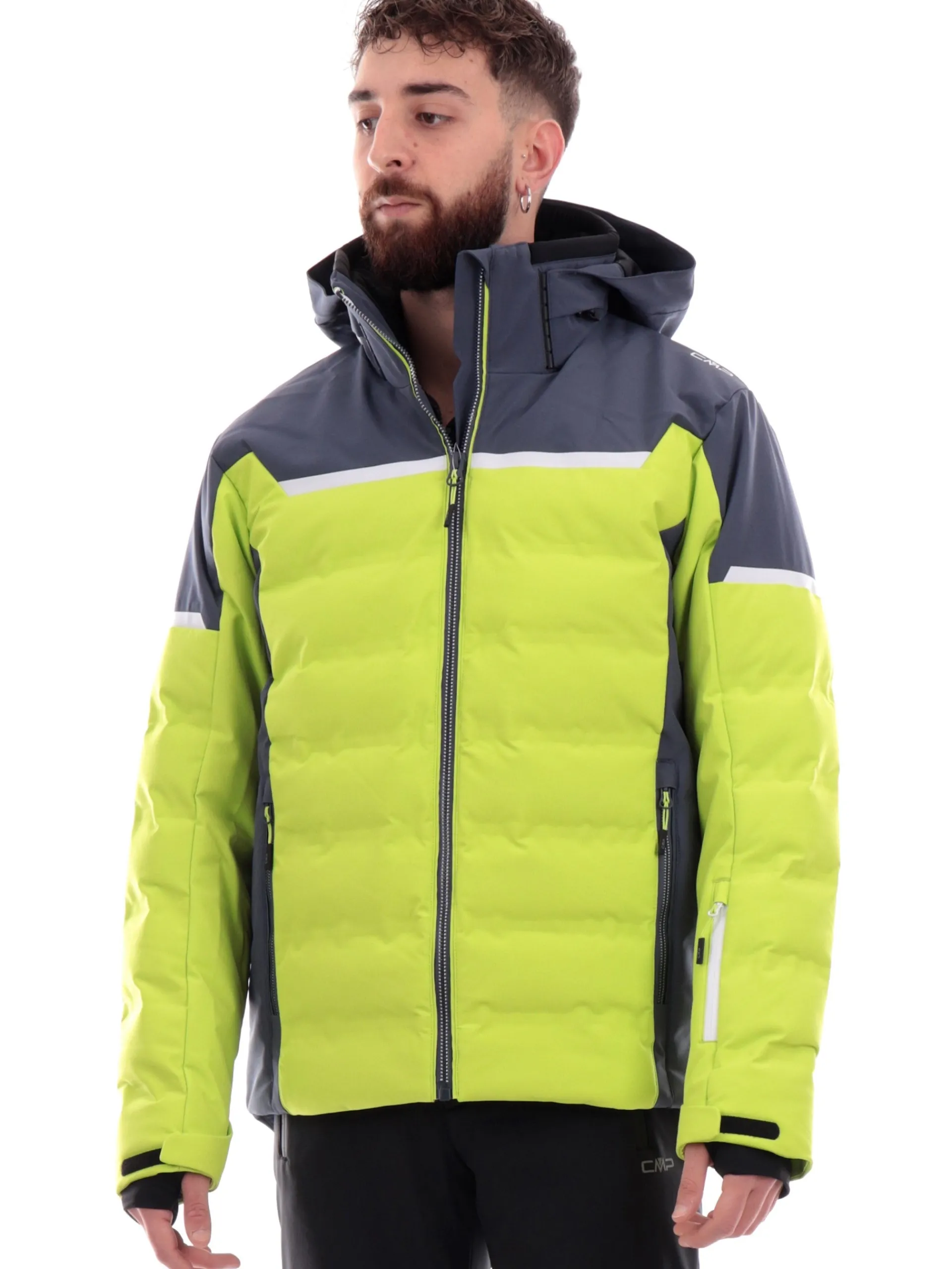 CMP Abbigliamento|Giubbini*Giacca sci verde, grigia e bianca da uomo cappuccio rimovibile 34W4697