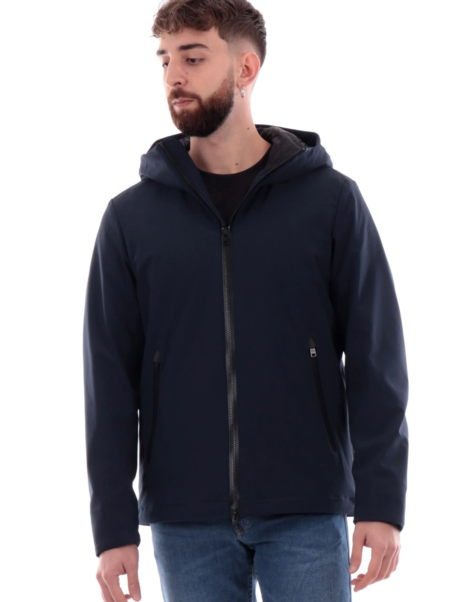 WOOLRICH Giubbini*Giacca blu Pacific Softshell da uomo con cappuccio logato 1047MRUT3496