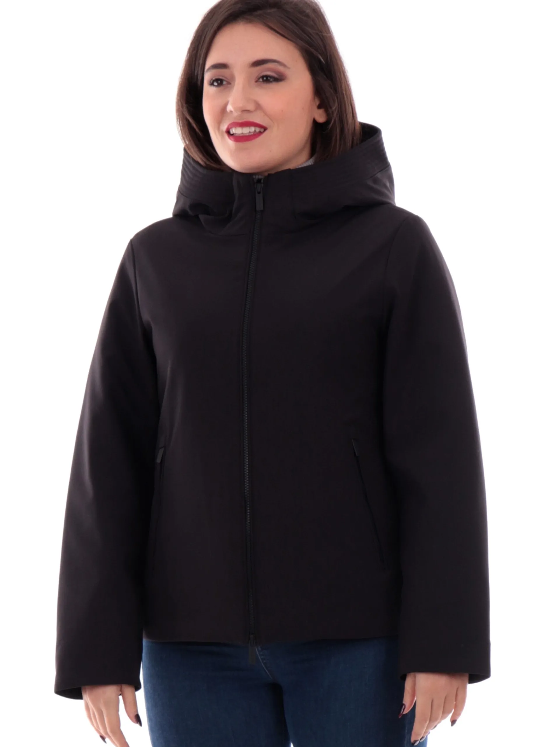WOOLRICH Giubbini*Giacca nera da donna Firth Down full zip con cappuccio 1016FRUT3496