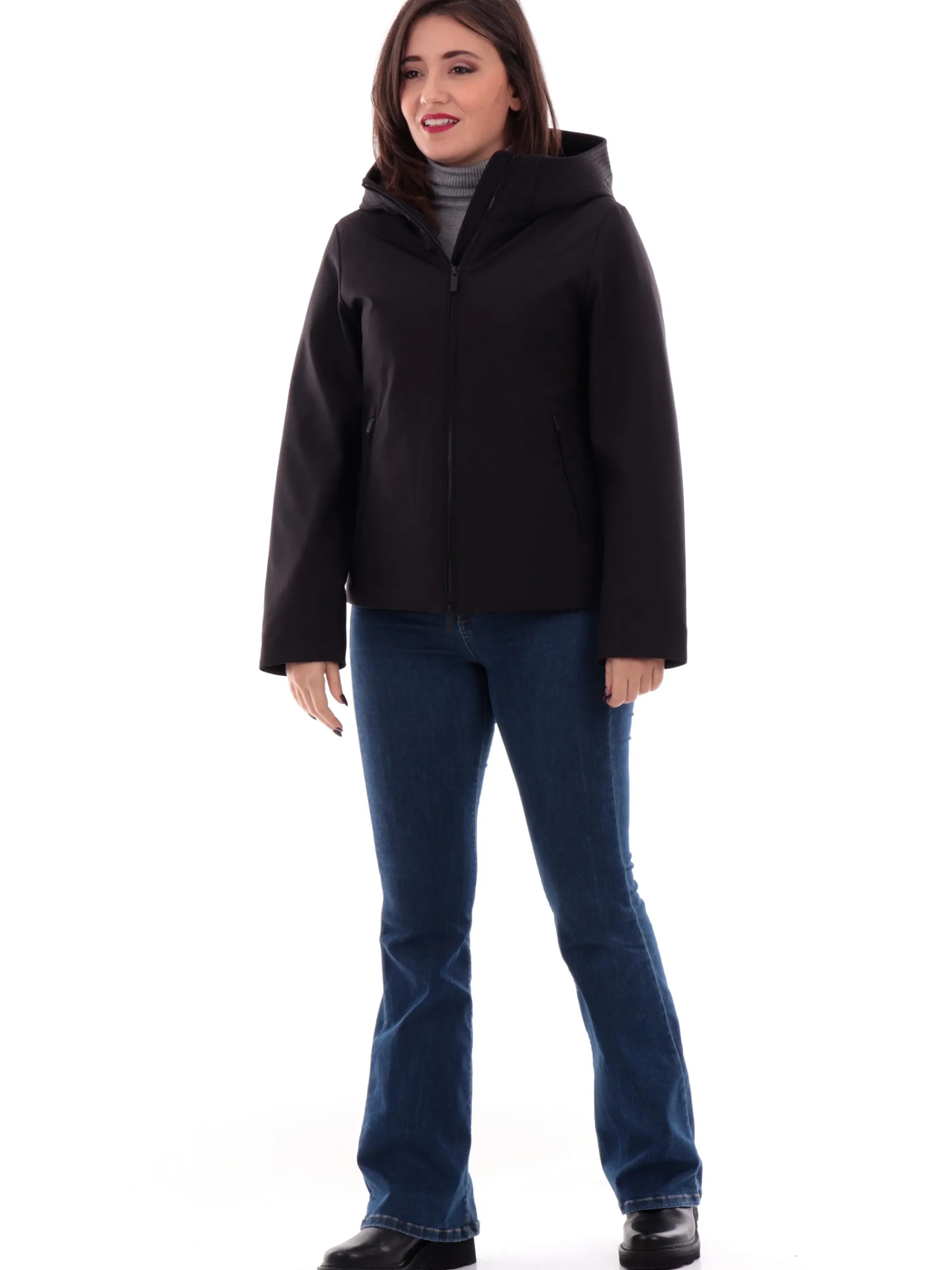 WOOLRICH Giubbini*Giacca nera da donna Firth Down full zip con cappuccio 1016FRUT3496