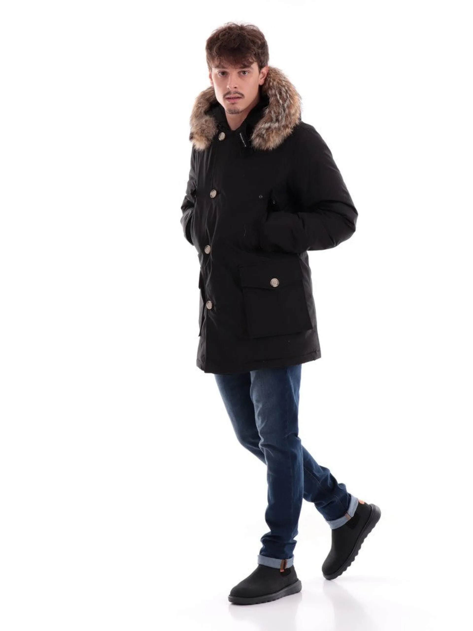 WOOLRICH Giubbotti*Giacca nera da Uomo Arctic Parka con Cappuccio pelliccia 0482MRUT0001