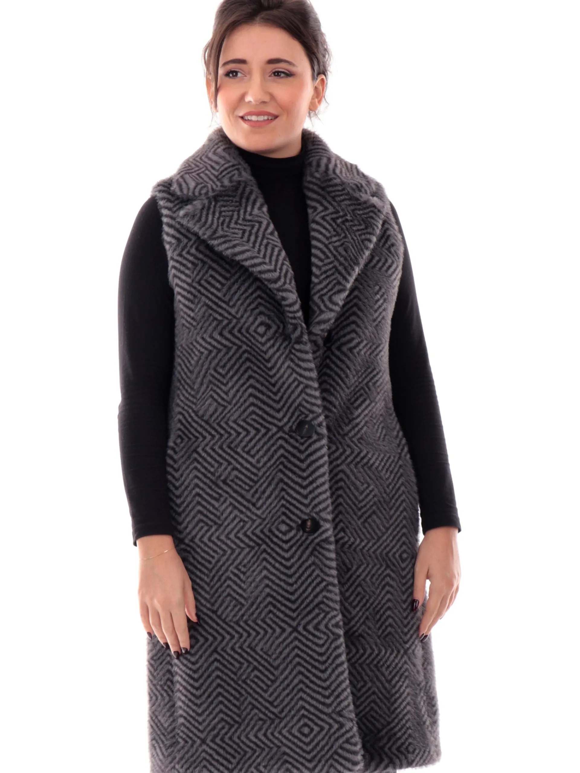 RRD Giubbini*Gilet donna Lungo Ecorazzo Zig zag grigio e nero W24516