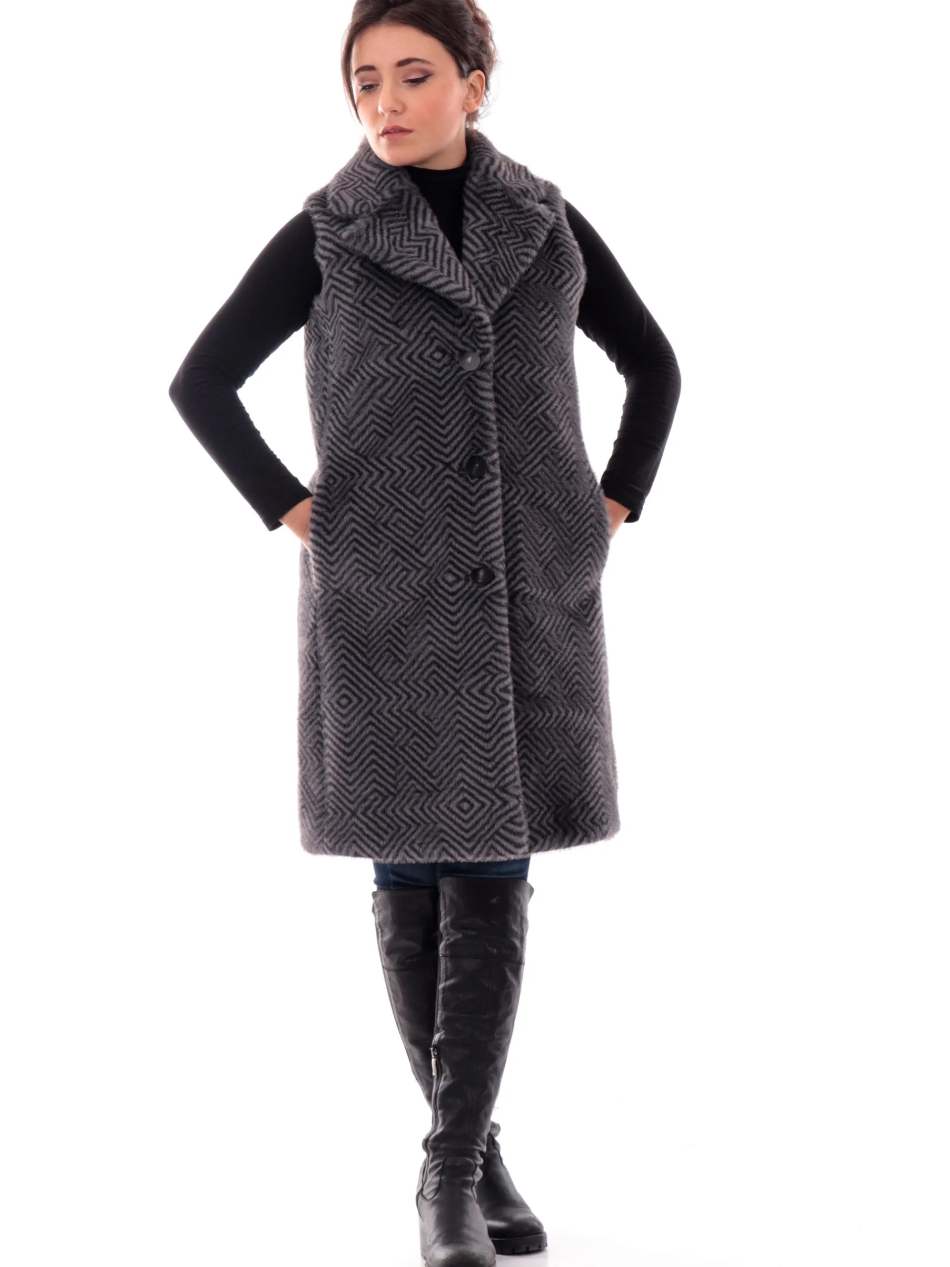 RRD Giubbini*Gilet donna Lungo Ecorazzo Zig zag grigio e nero W24516