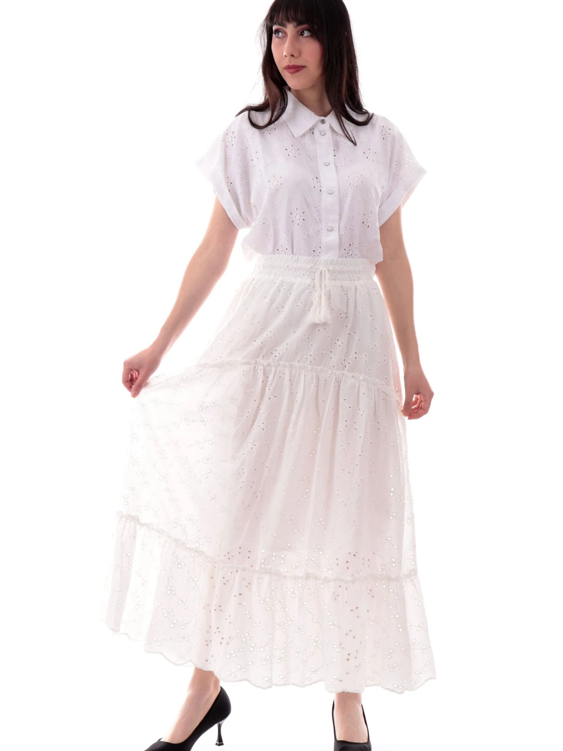 MOLLYBRACKEN Gonne*Gonna Molly Bracken bianca da donna a balze in pizzo macrame sangallo GL709DEWHITE