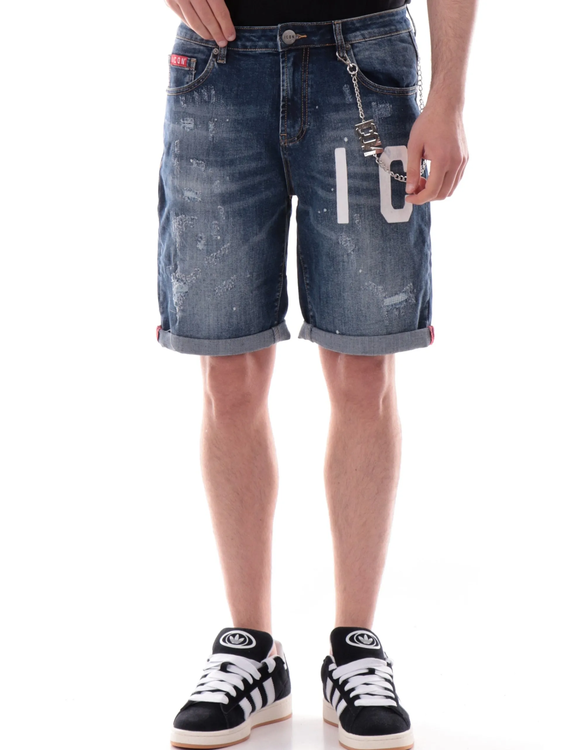 ICON Bermuda*Jeans strappati maxi logo Bianco e catenella ICUS2S5D013 BLUE