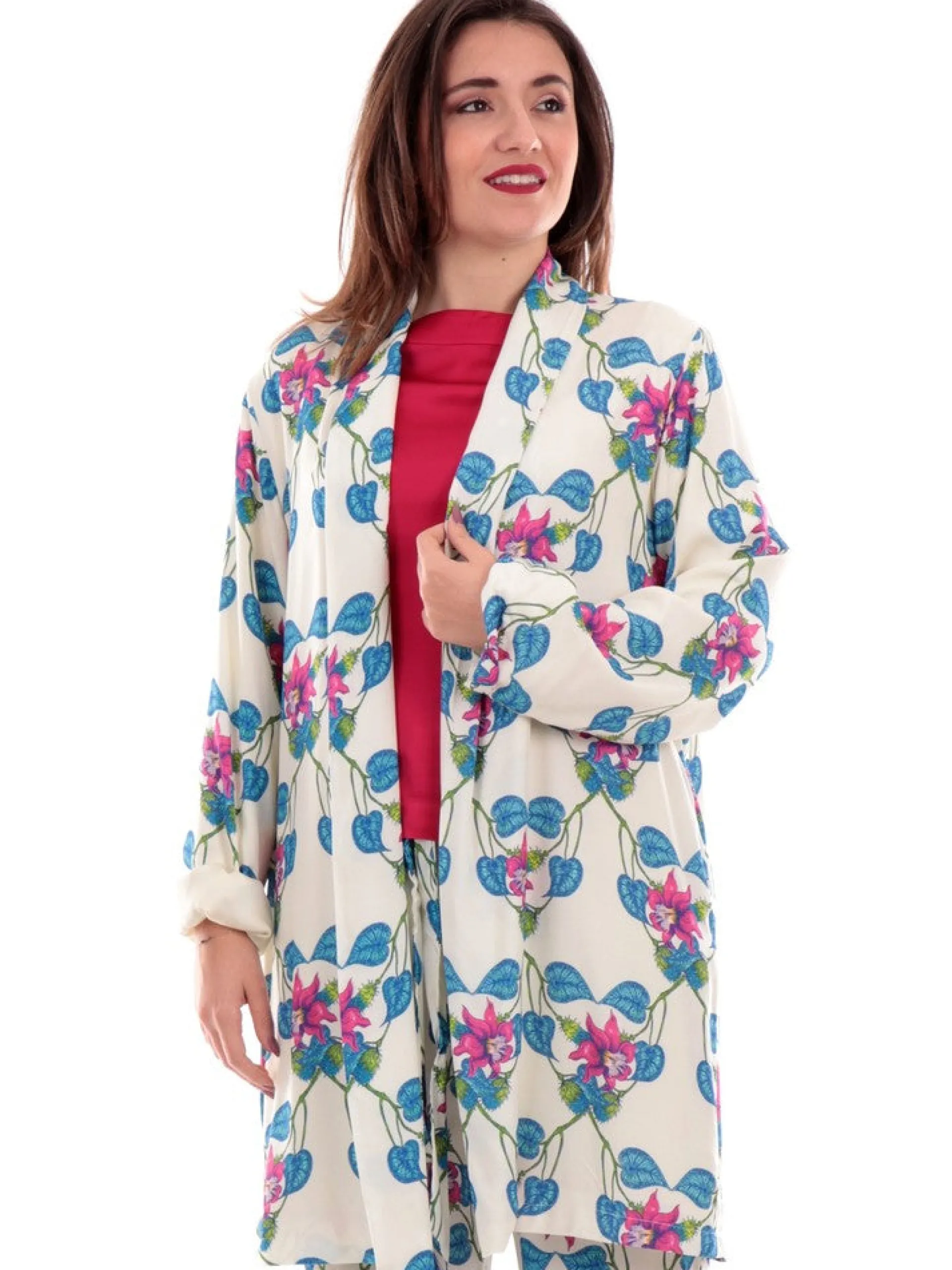 WUSIDE Maglie*Kimono Bianco Donna a fiori Fucsia Spolverino 237981