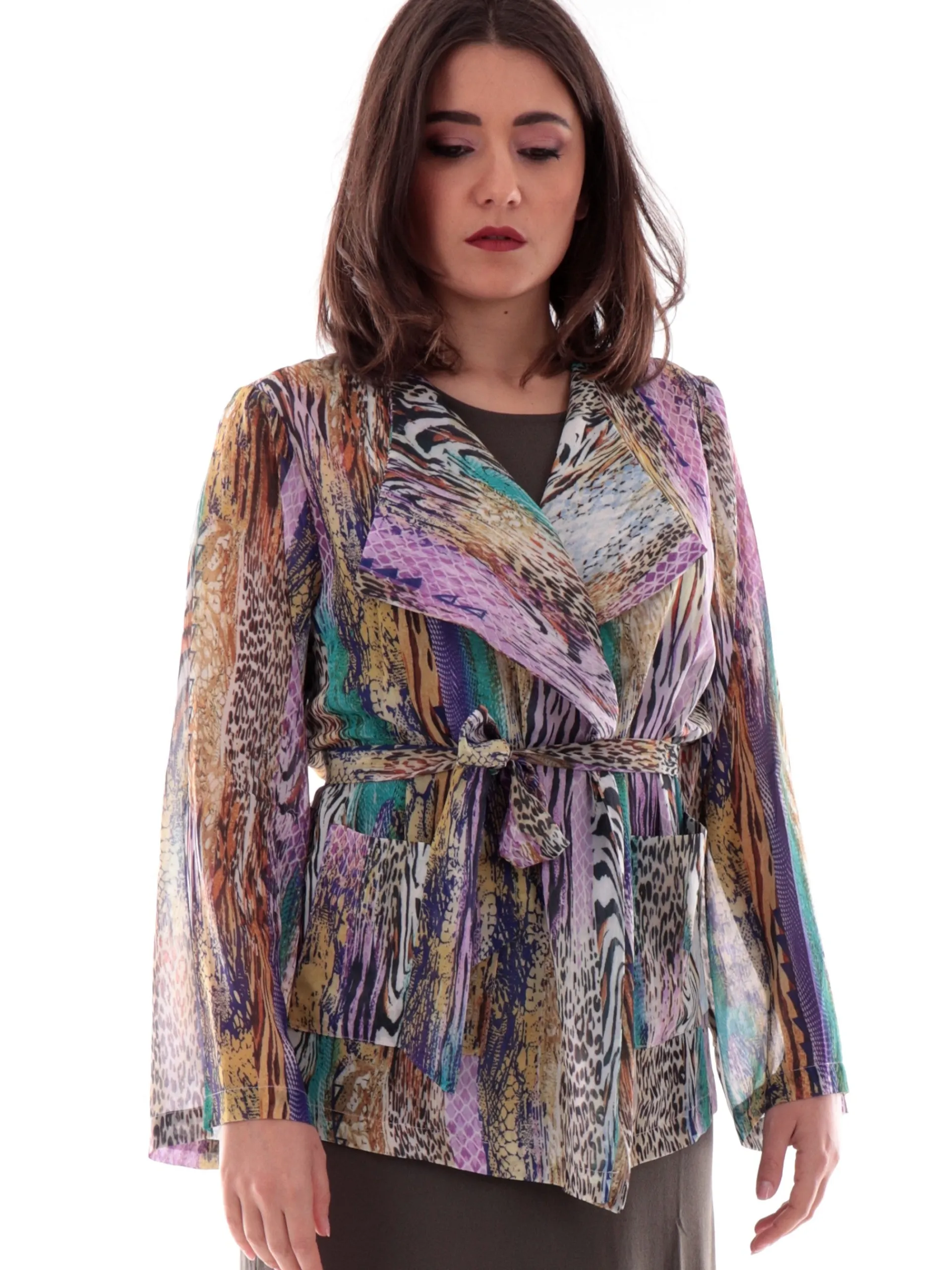 MOLLYBRACKEN Maglie*Kimono leopardato Molly Bracken multicolor da donna con cintura P1779DP