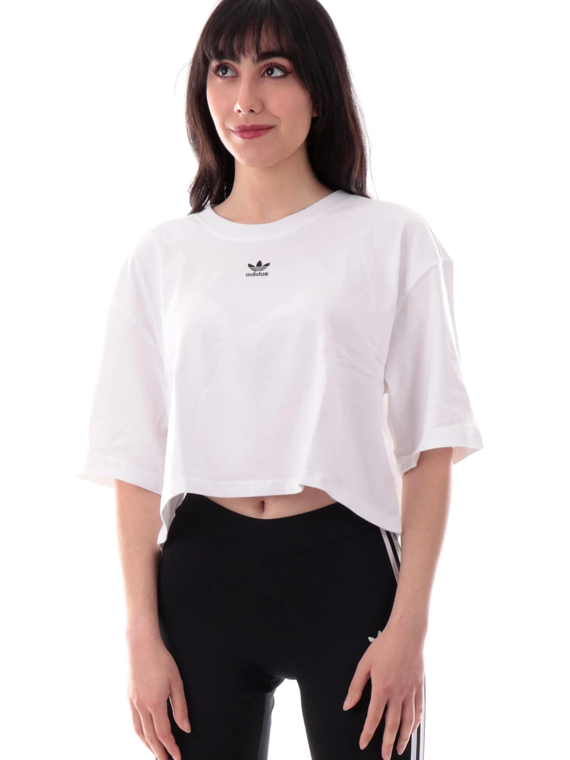 ADIDAS ORIGINALS T-Shirt*Maglia Adidas bianca da donna crop con logo nero ricamato trifoil JJ3385