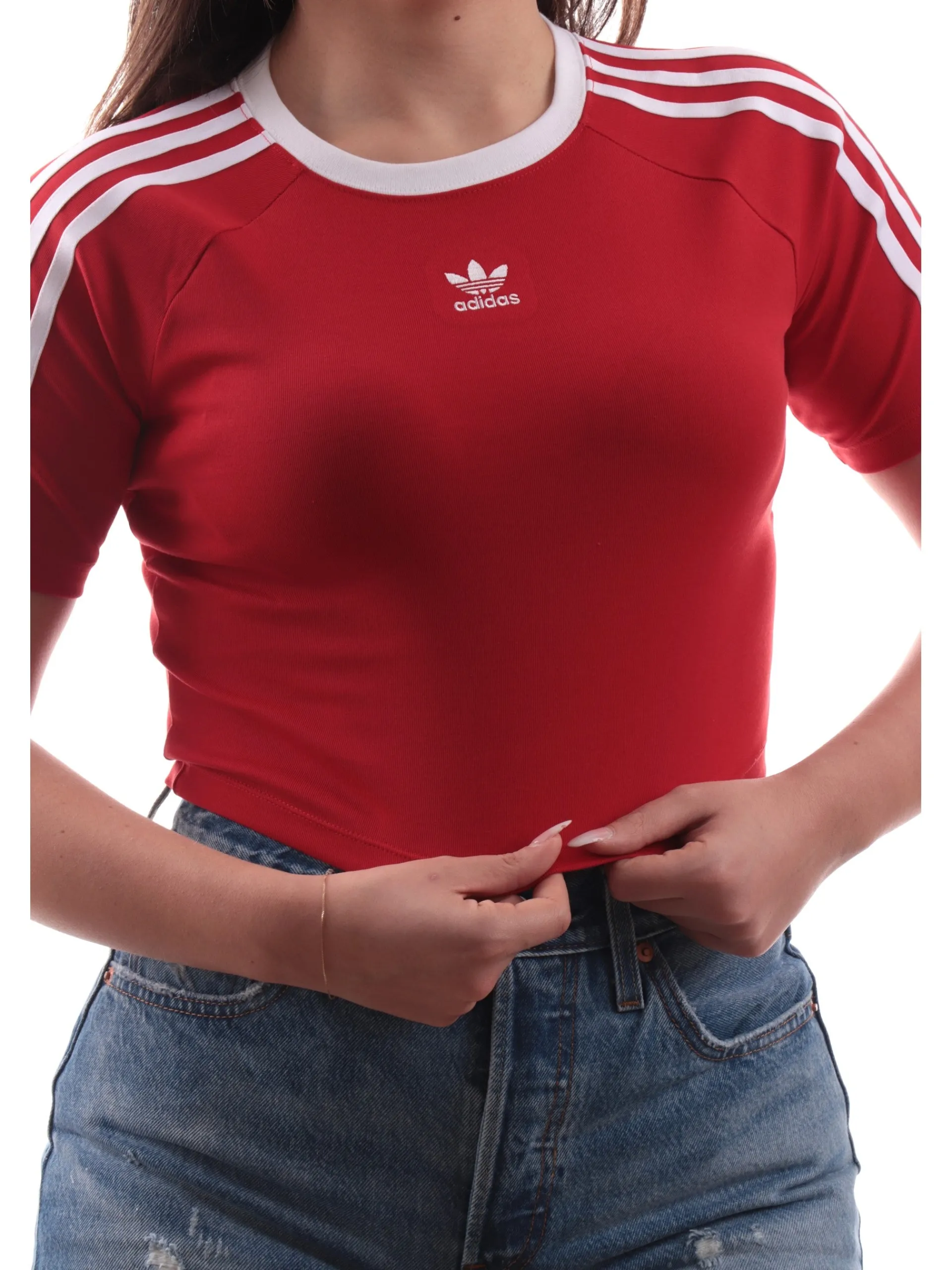 ADIDAS ORIGINALS T-Shirt*Maglia Adidas crop rossa da donna logo Adidas ricamato JD0303