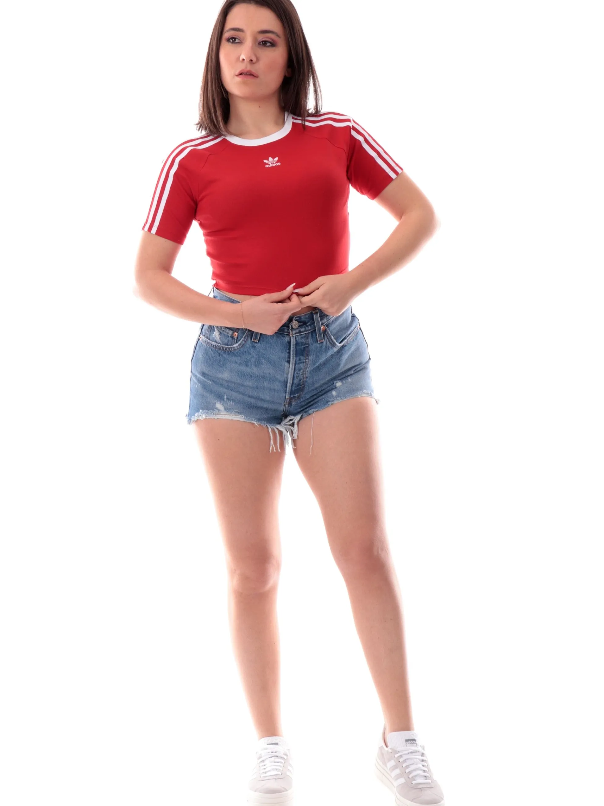 ADIDAS ORIGINALS T-Shirt*Maglia Adidas crop rossa da donna logo Adidas ricamato JD0303