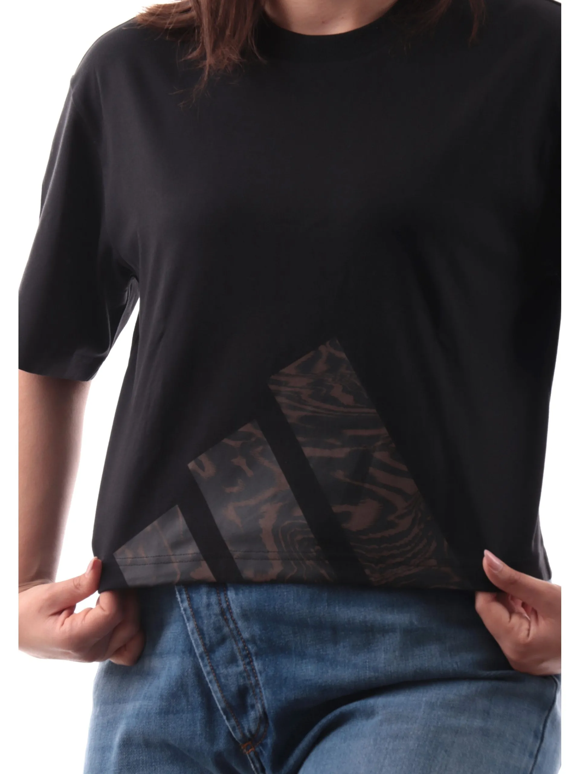 ADIDAS EQUIPMENT T-Shirt*Maglia Adidas nera vestibilità morbida da donna logo animalier JM5886