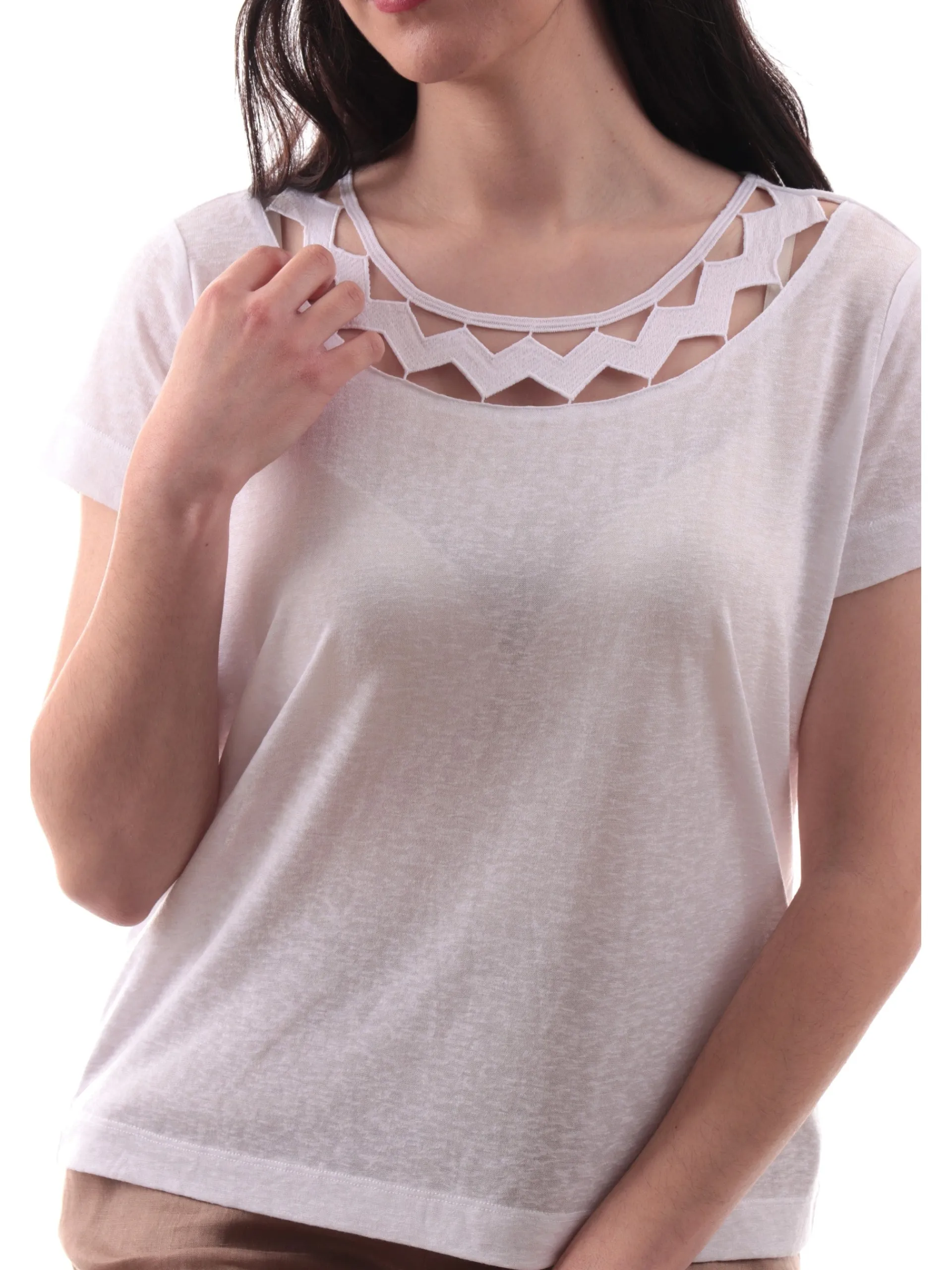 ANIS Maglie*Maglia bianca con collo traforato zig zag 251C1497