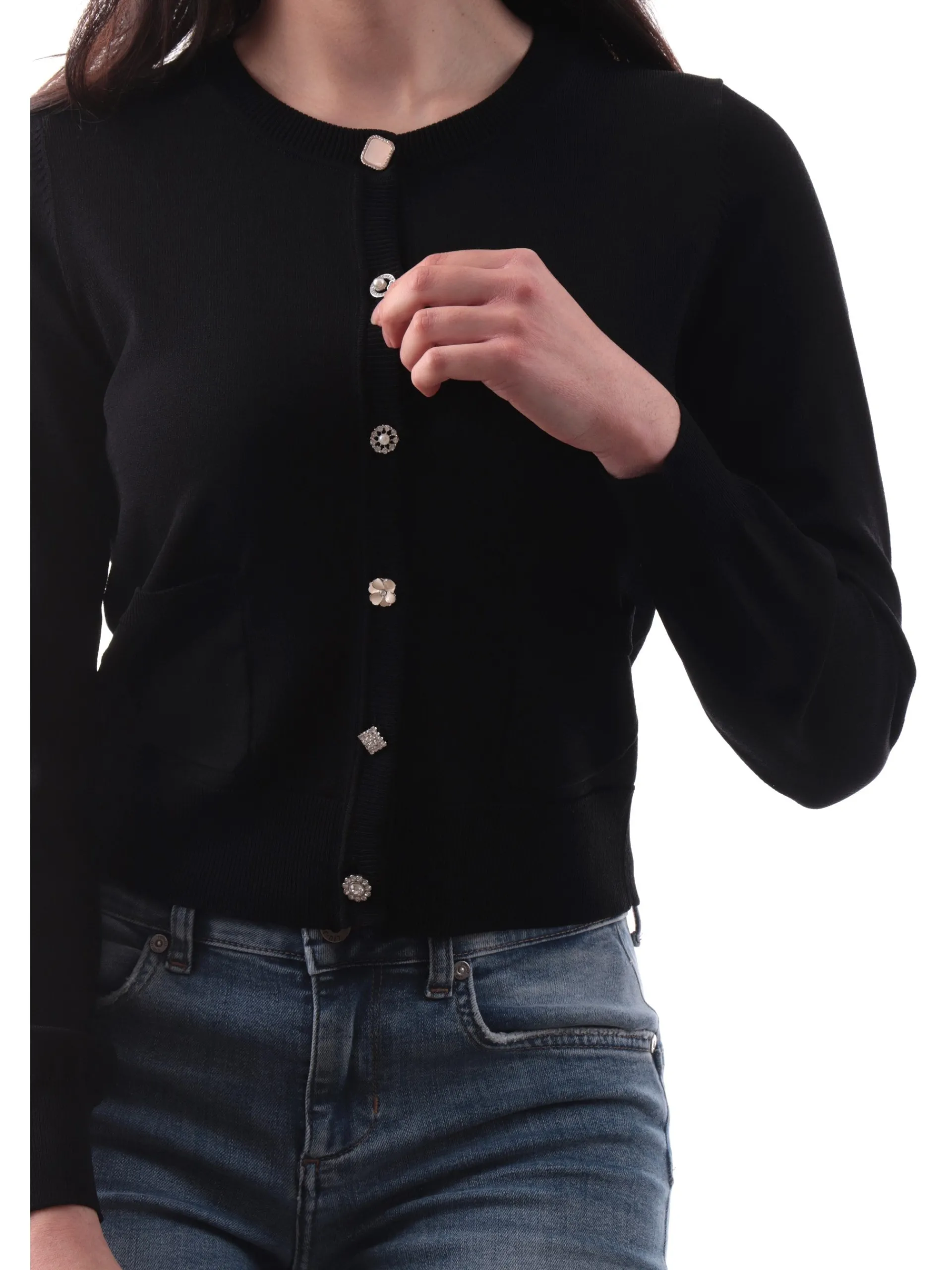 ANIS Maglie*Maglia coreana nera da donna con bottoni gioiello 251W1067