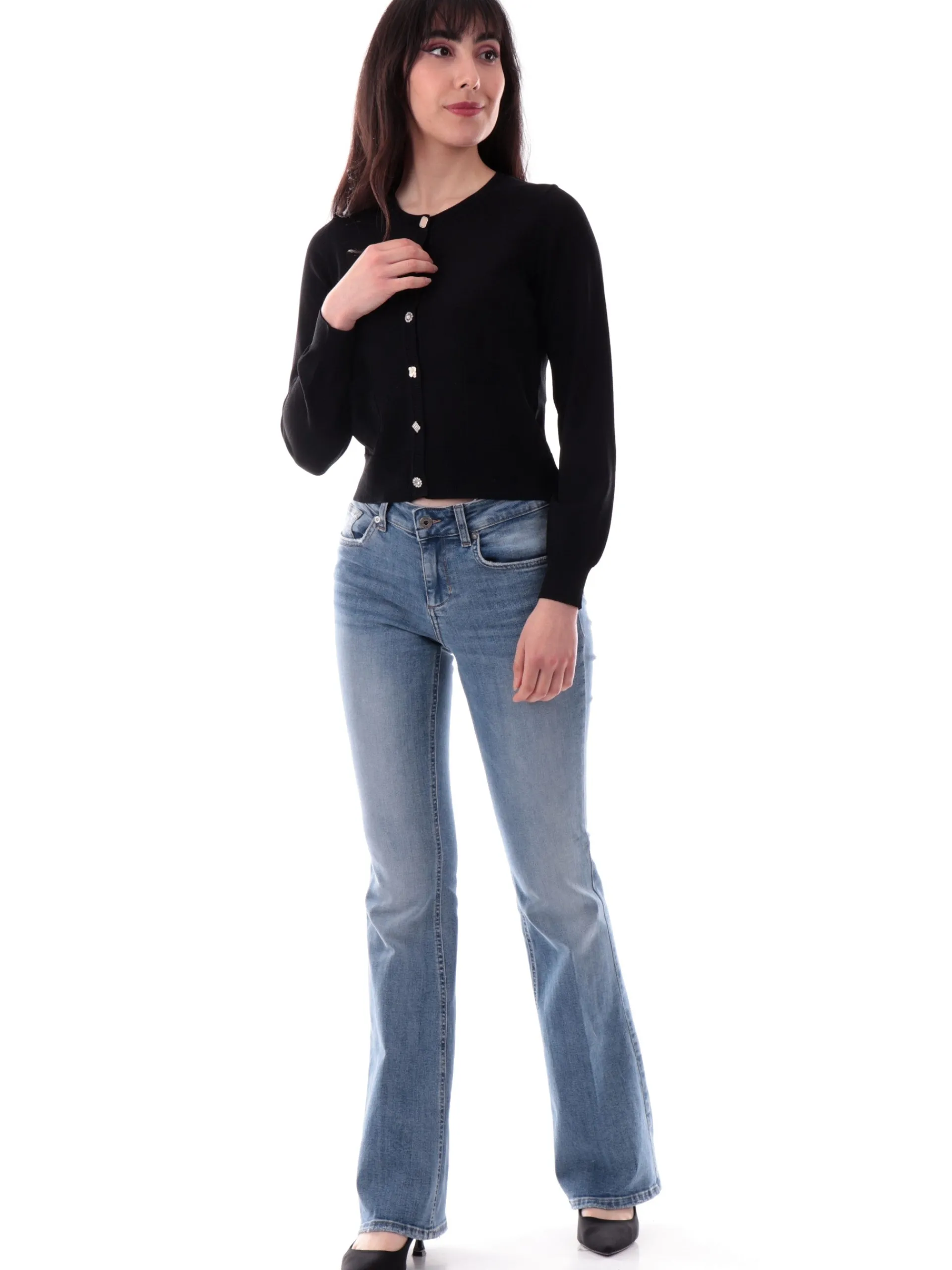 ANIS Maglie*Maglia coreana nera da donna con bottoni gioiello 251W1067