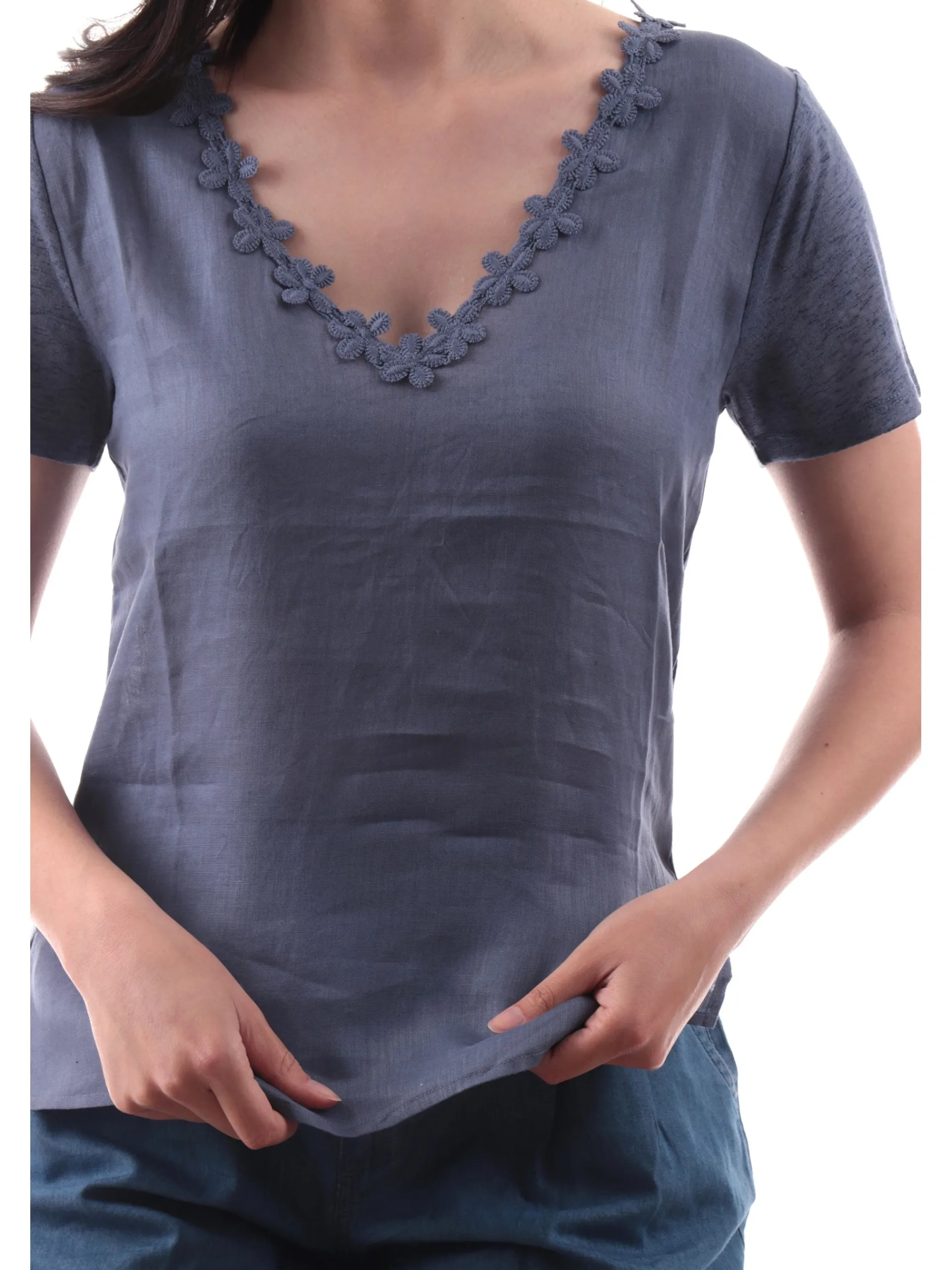ANIS Maglie*Maglia lino blu scollo a V da donna con fiori ricamati 251C1526