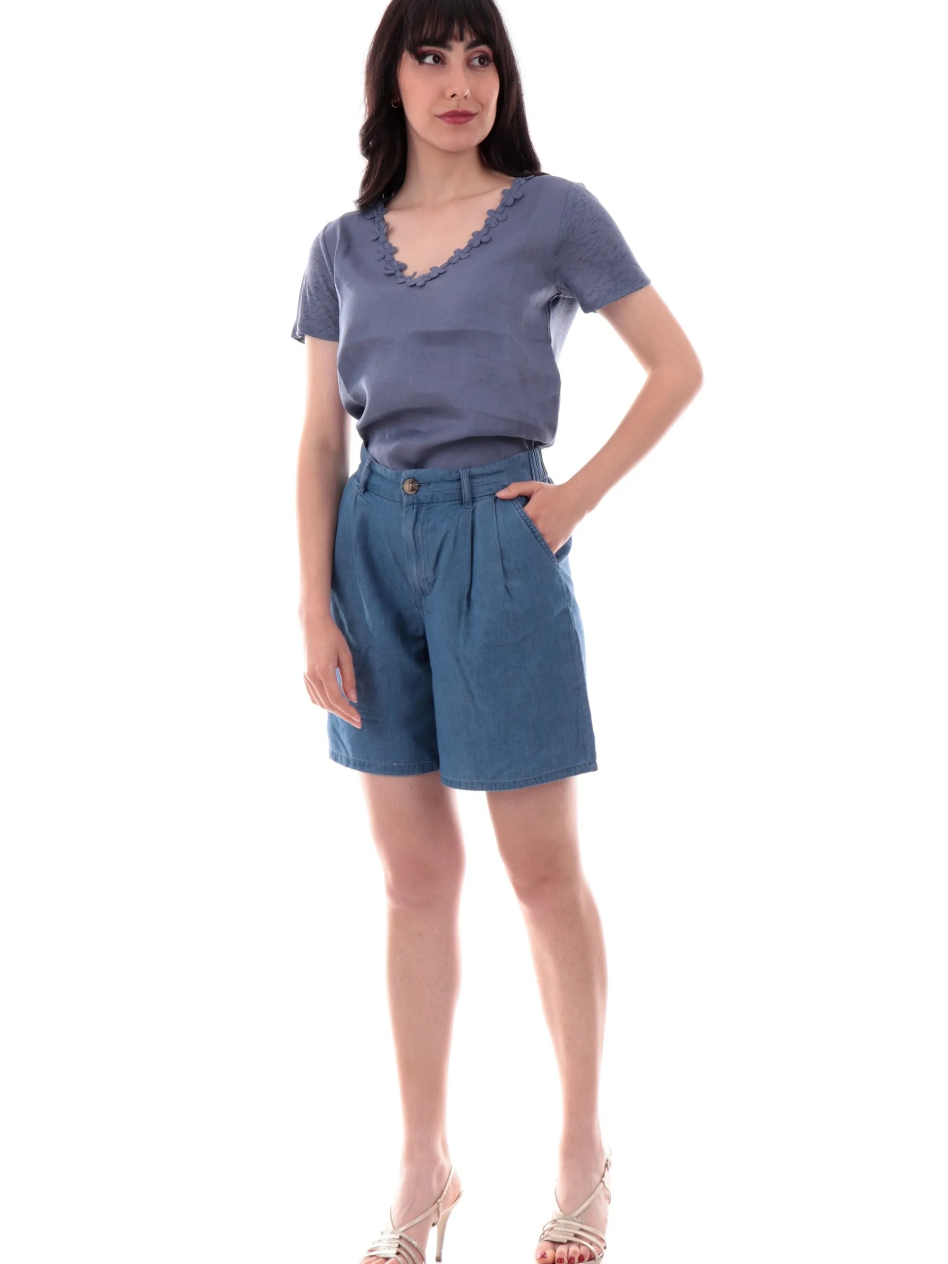 ANIS Maglie*Maglia lino blu scollo a V da donna con fiori ricamati 251C1526
