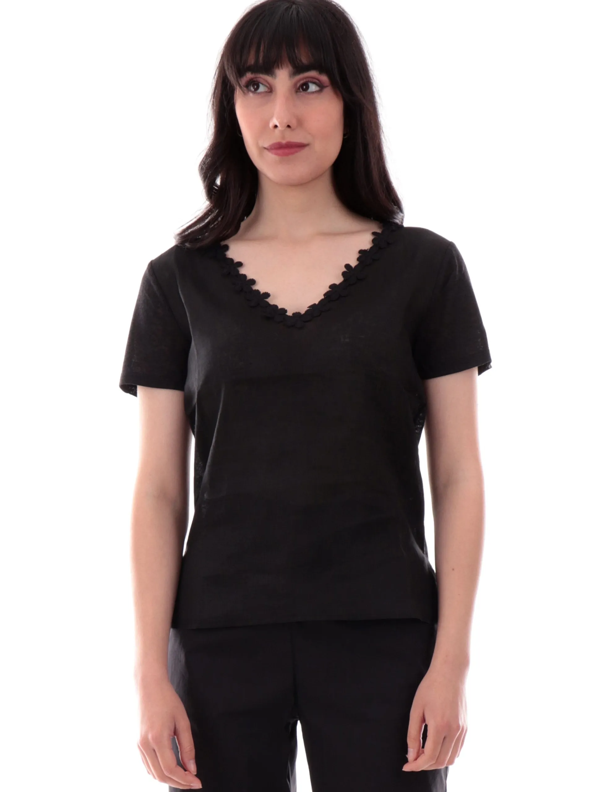 ANIS Maglie*Maglia lino nera scollo a V da donna con fiori ricamati 251C1526