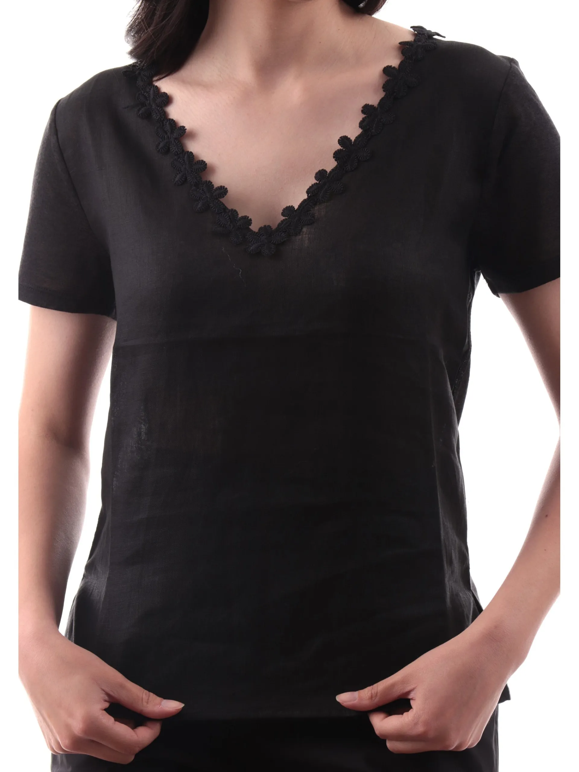ANIS Maglie*Maglia lino nera scollo a V da donna con fiori ricamati 251C1526
